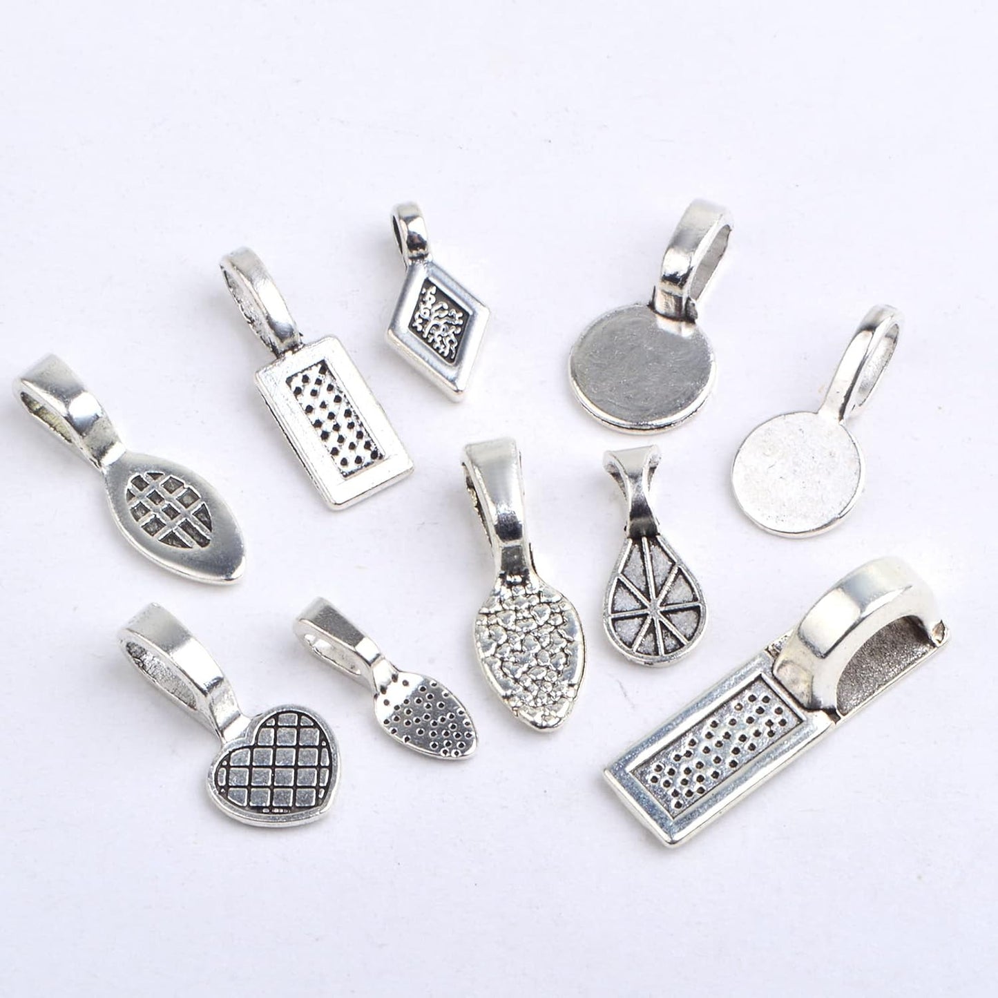 100 Gram Mixed Styles Tibetan Glue-on Bails Pendants Alloy Earring Bails Scrabble Making Supplies Glass Cabochon Tiles for DIY Necklace Bracelet Jewelry Making, Antique Silver