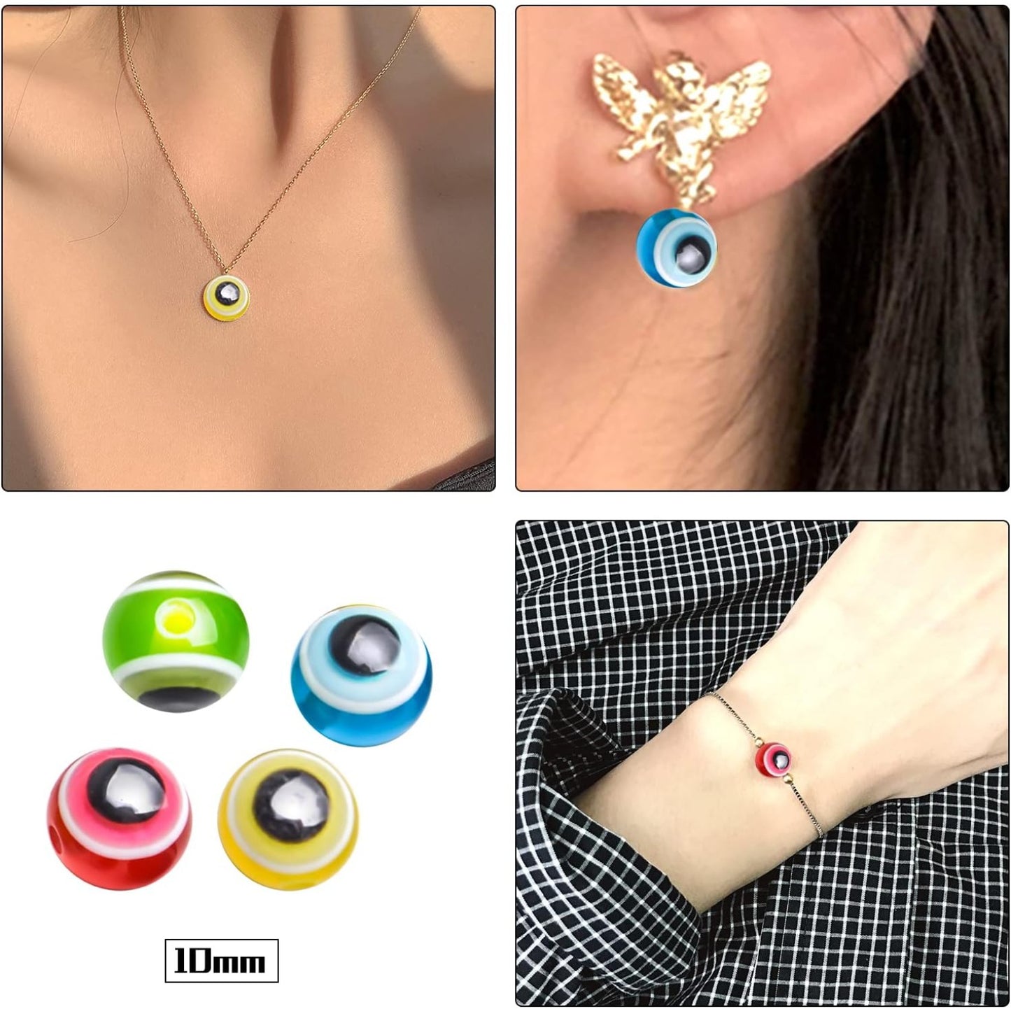 Evil Eye Beads,100pcs 10mm Round Evil Eye Spacer Beads Mixed Colored Resin Beads Charms Loose Beads for Earring Bracelets Necklace Jewelry Beading Project Making