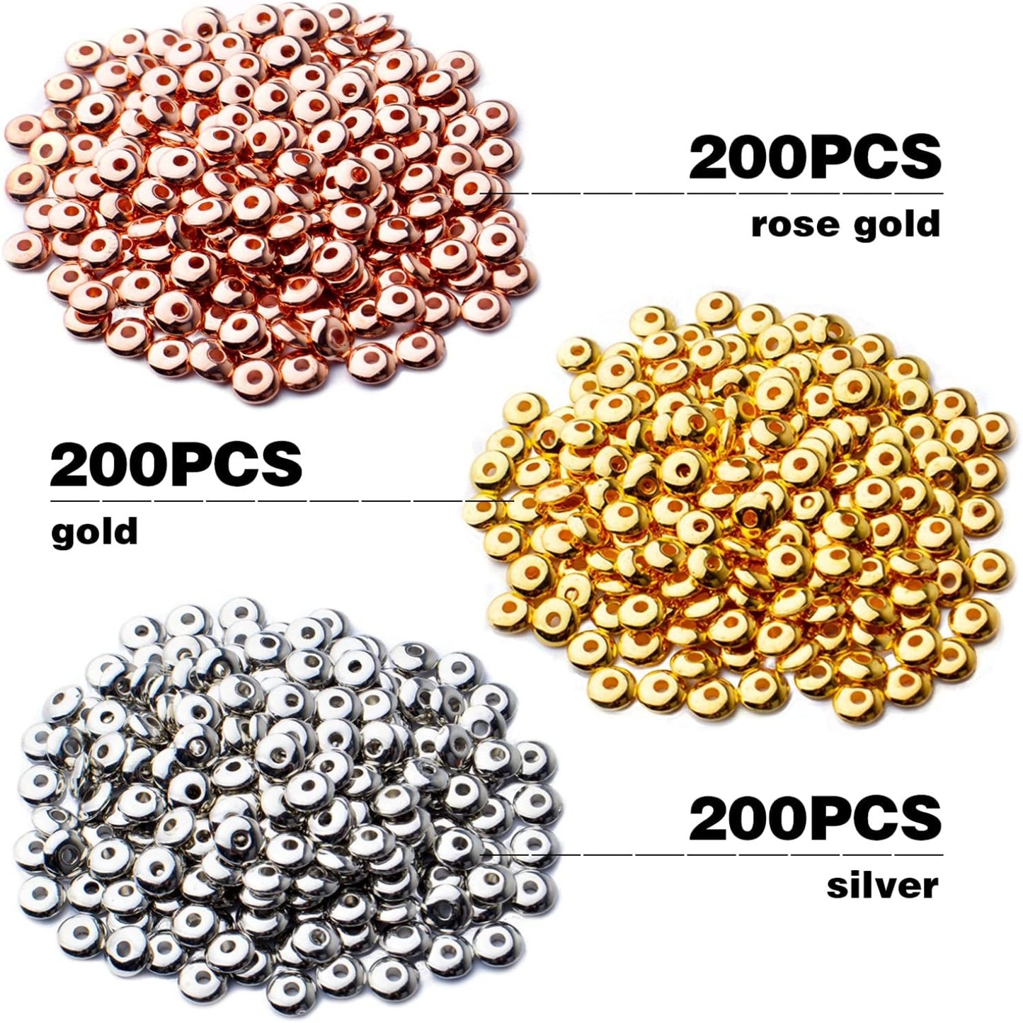 600pcs Spacer Beads Flat Round Bead Spacers Rondelle Beads Disc Spacer Loose Beads for DIY Jewelry Bracelet Making,3 Colors