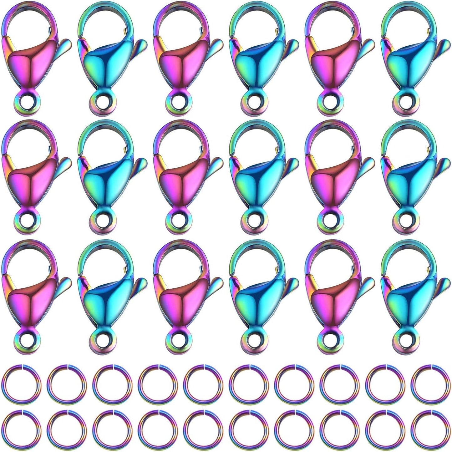 30pcs Stainless Steel Lobster Claw Clasps Fastener Hook Connectors and 30pcs 6 mm Open Jump Rings Set for DIY Bracelet Necklace Jewelry Making Findings, Rainbow Color