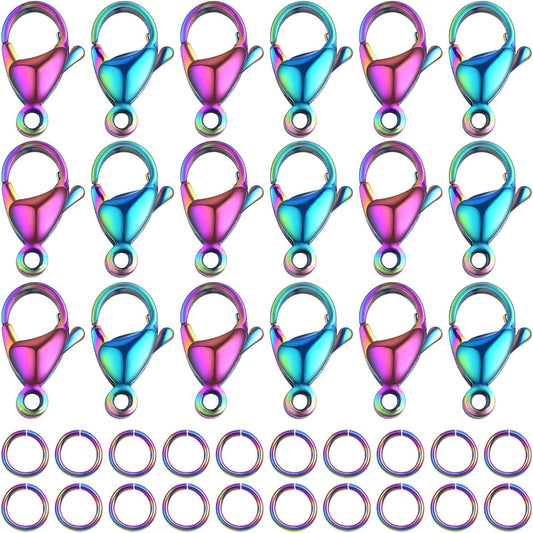 30pcs Stainless Steel Lobster Claw Clasps Fastener Hook Connectors and 30pcs 6 mm Open Jump Rings Set for DIY Bracelet Necklace Jewelry Making Findings, Rainbow Color