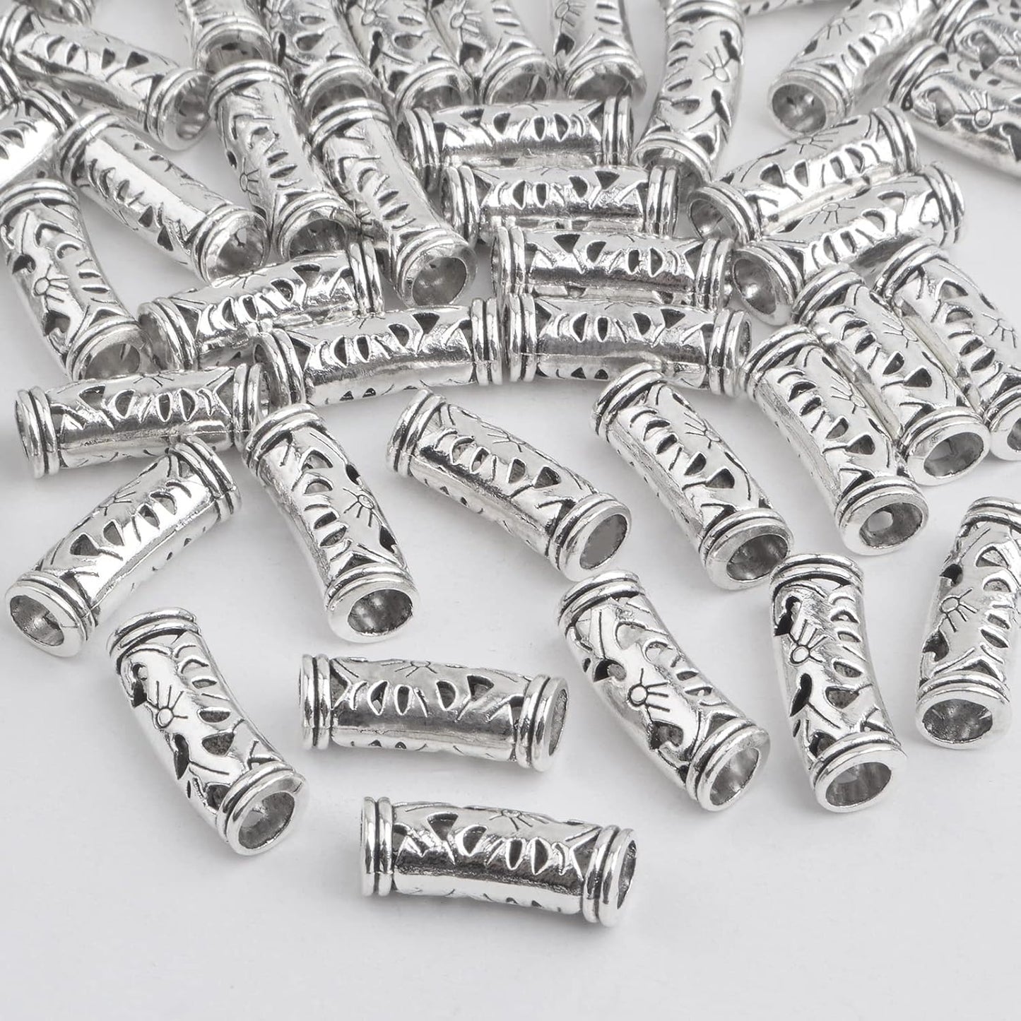 50pcs Antique Silver Hollow Curved Tube Spacer Beads Tibetan Alloy Large Hole Long Tube Loose Beads Slide for European Charms Leather Cord Jewelry Making, Hole: 5 mm