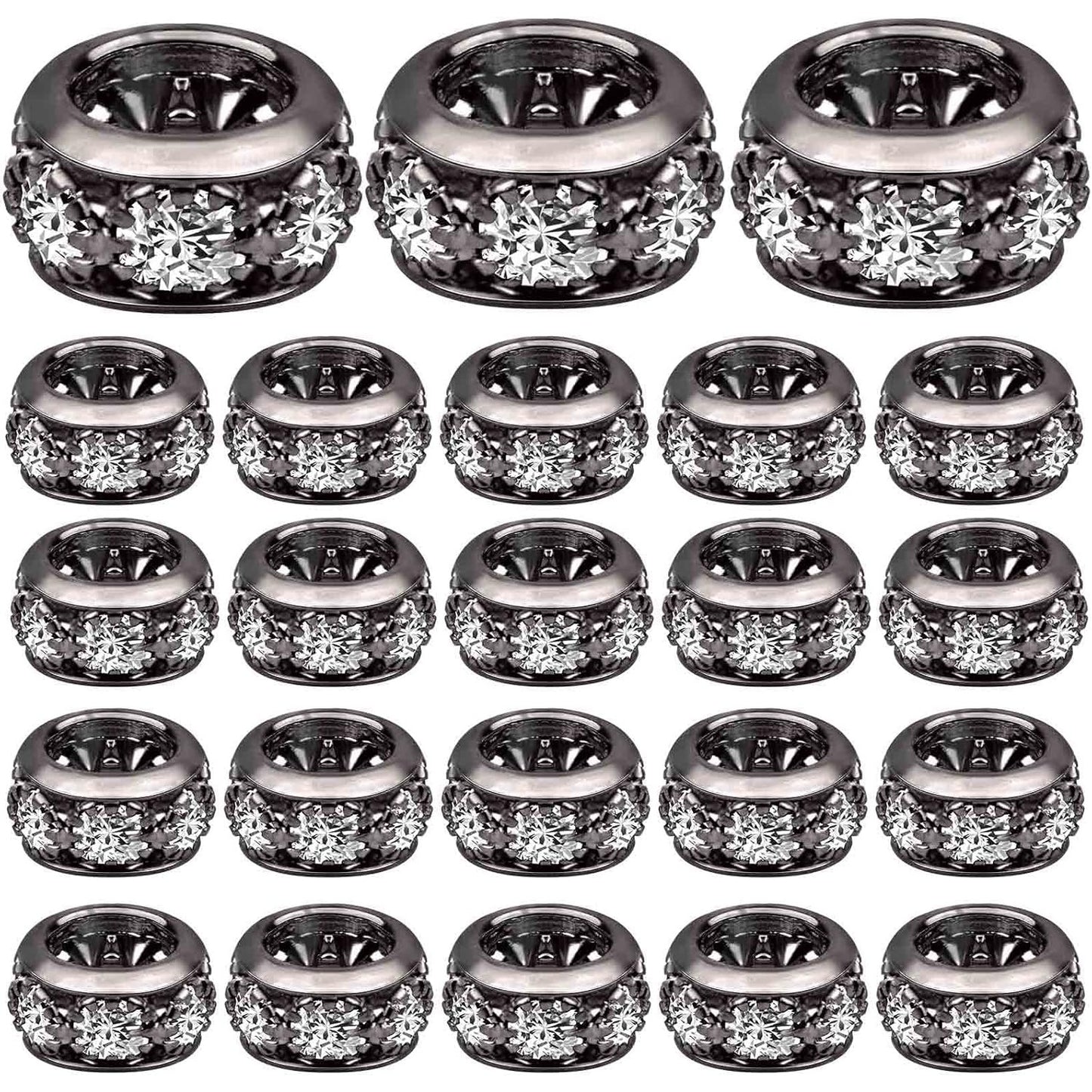40pcs Large Hole Rhinestone Spacer Beads European Crystal Rondelle Loose Beads Handmade Accessories for DIY Bracelet Snake Chain Jewelry Making Supplies, Gun Black
