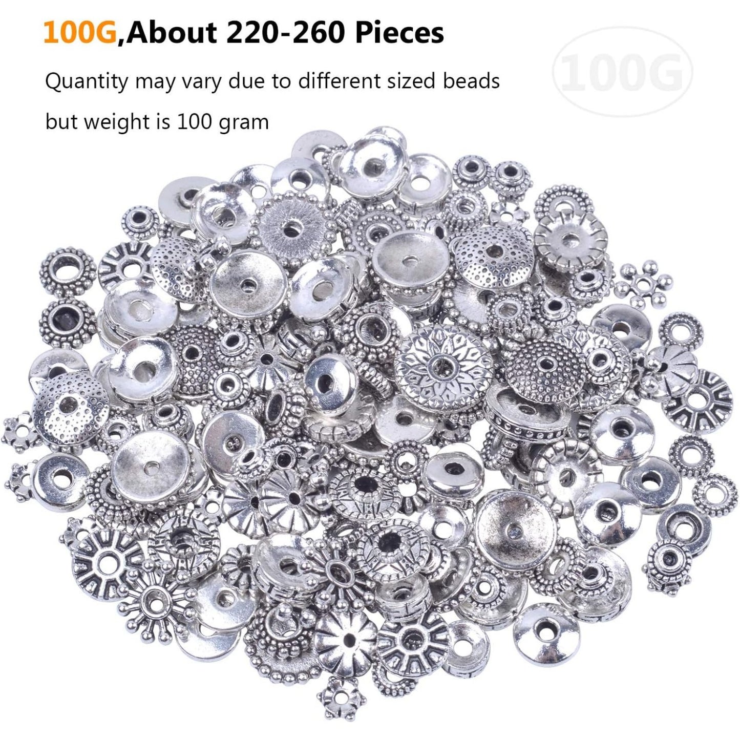 100 Gram Bali Style Antique Tibetan Silver Findings Jewelry Making DIY Metal Alloy Spacer Beads Deluxe New Mix 200-260pcs