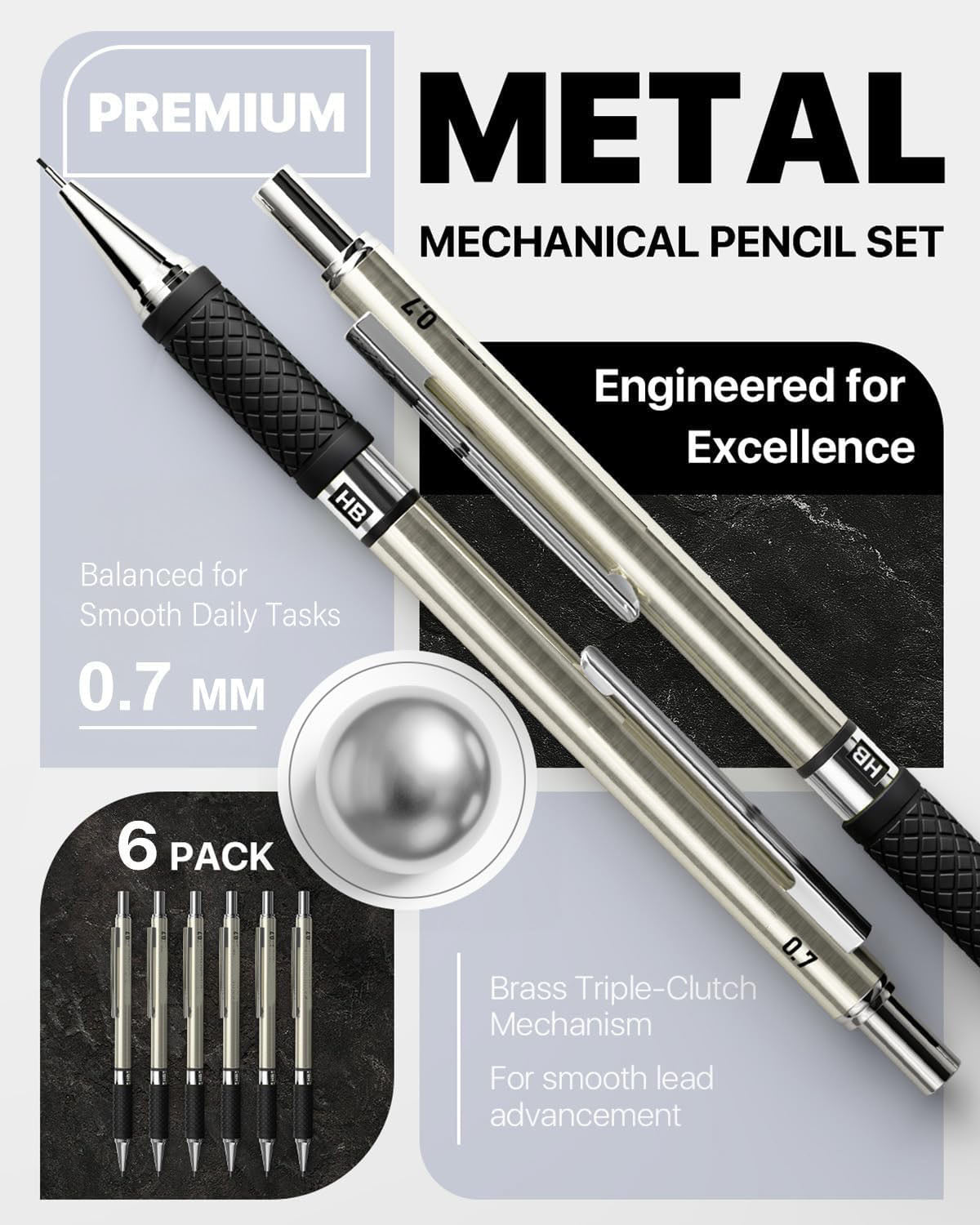 HENDEVL  6PCS Metal Mechanical Pencil Set with 0.7mm Medium Point, 360 Leads, 12 Erasers, Art Mechanical Pencils Pack with Storage Case for School Writing, Sketching, Drawing & Professional Drafting