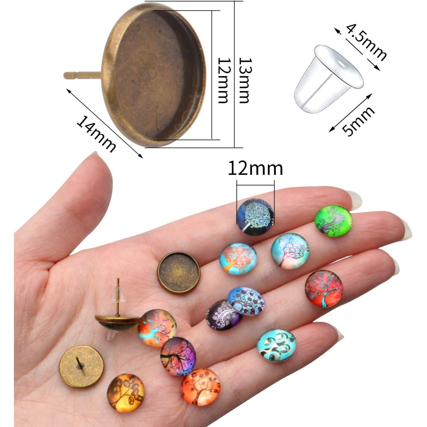Glass Dome Cabochons, 50pcs 14 Styles Tree of Life Pattern Flatback Resin Cabochons (12mm) with 10pcs Bronze Stud Earring Bezel and 10pcs Clear Earring Backs for Jewelry Making