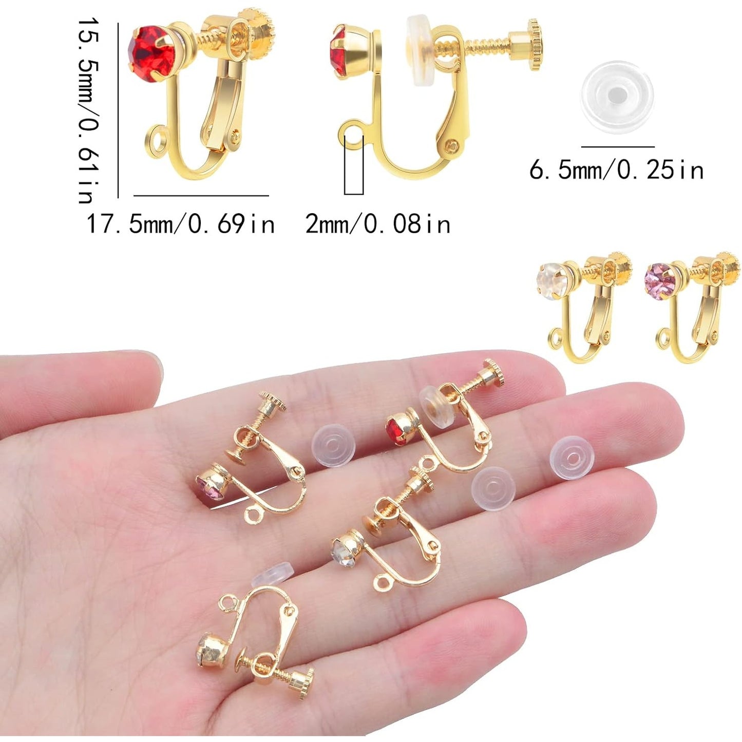24pcs Brass Clip-on Earring Converters with Rhinestone Screw Back Earring Clips Components with Loop and 24pcs Comfort Earring Pads for Non Pierced Ears Jewelry Making, 3 Colors