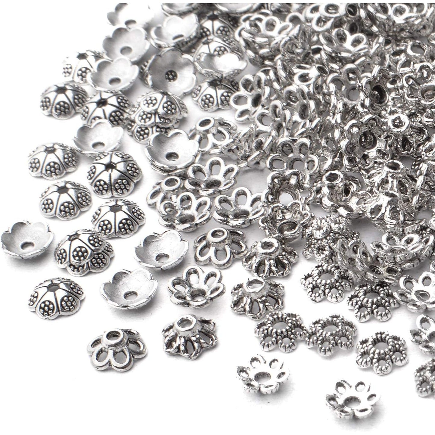 200pcs Antique Silver Flower Bead Caps Alloy Tibetan Style Bead End Caps Spacer Cap Beads Jewelry Caps for Bracelet Necklace Earrings Jewelry Making Supplies, 4 Styles