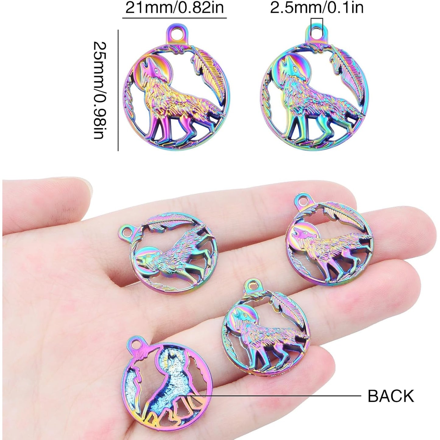 10 Pieces Rainbow Color Wolf Shape Charms Alloy Hollow Animal Wolf Dangle Pendants Hanging Ornaments for DIY Necklace Bracelet Jewelry Making Crafting, 25 x 21 mm