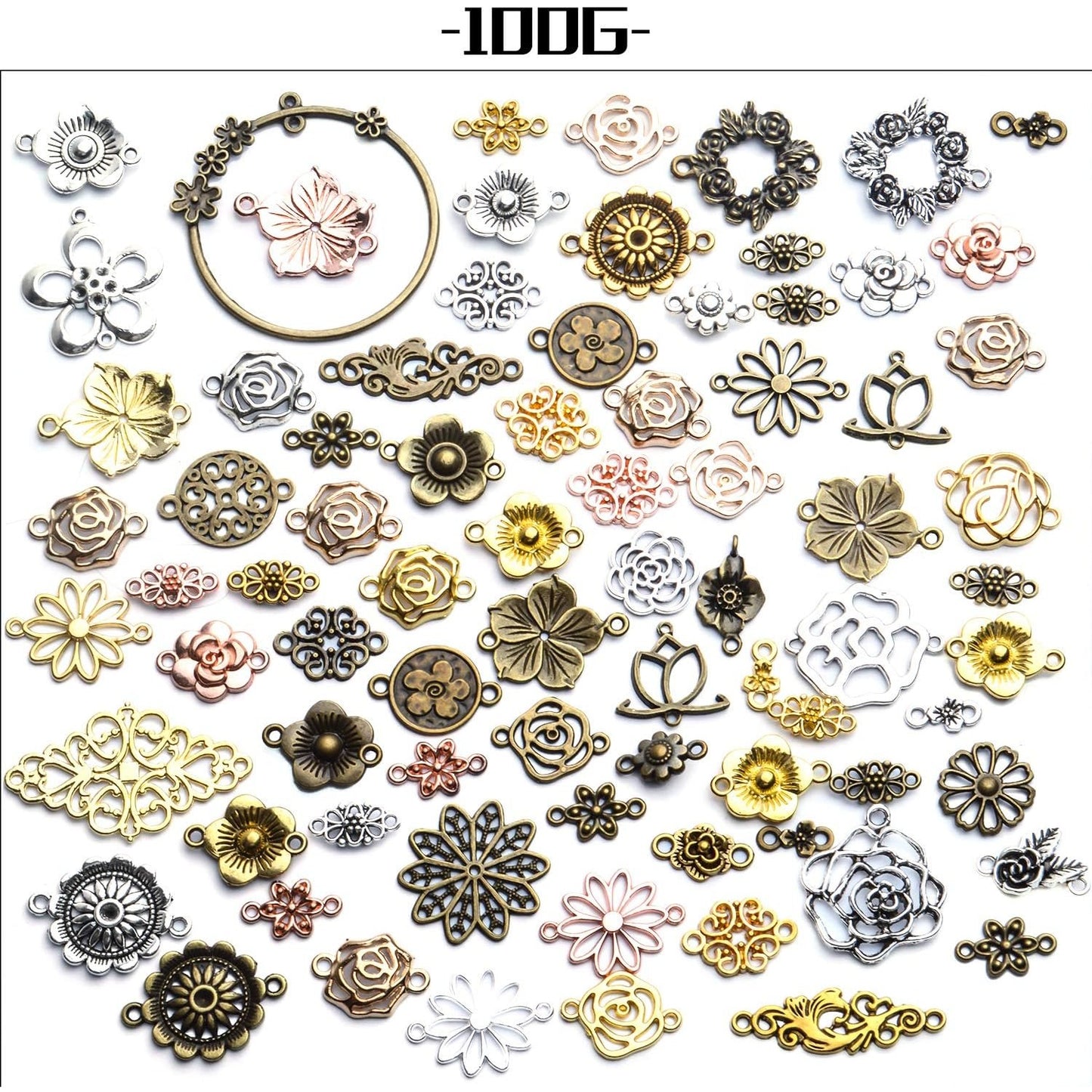 Jewelry Connectors, 100 Gram Tibetan Style Mixed Flower Shape Pendants Metal Beads Link Charms for DIY Earring Necklace Jewelry Making