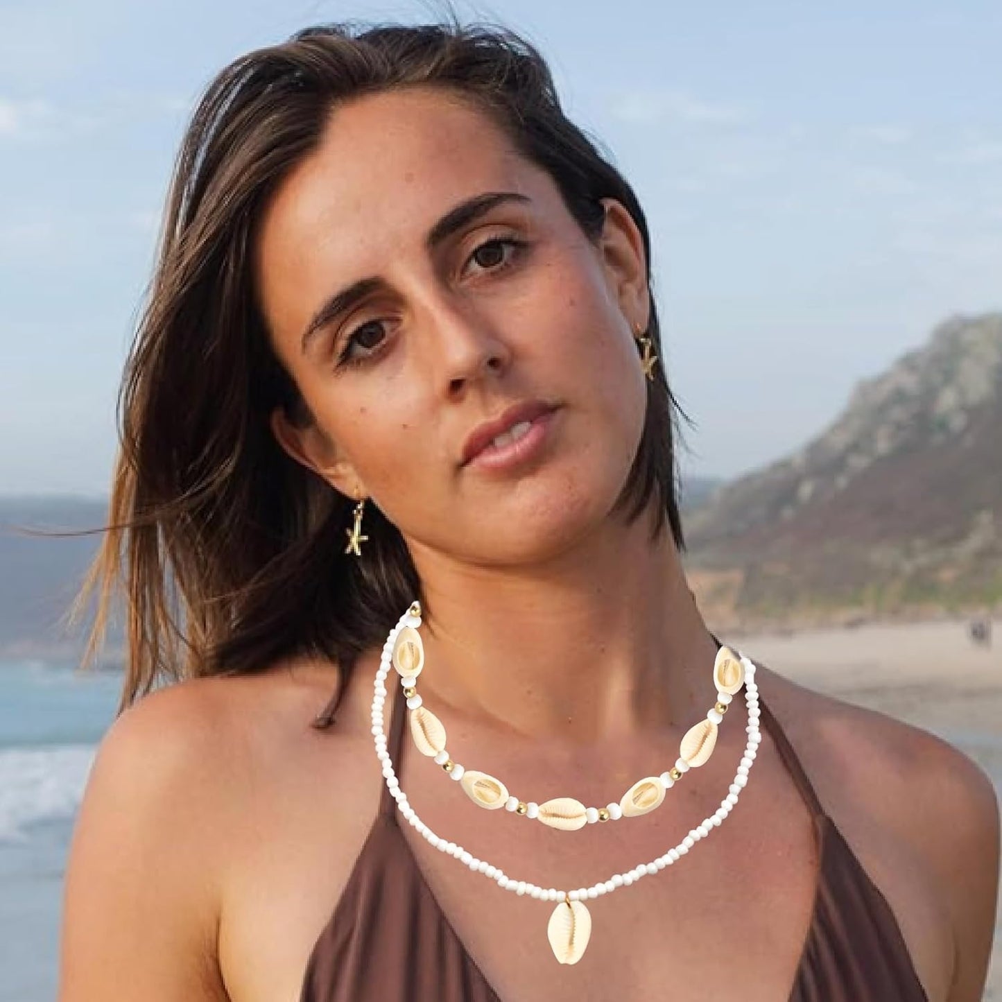 2pcs Handmade Beach Seashell Necklaces Natural Shell Rice Beads Adjustable Hawaiian Summer Boho Beach Beaded Collar Choker Necklace Jewelry for Adults Teens Women Gifts