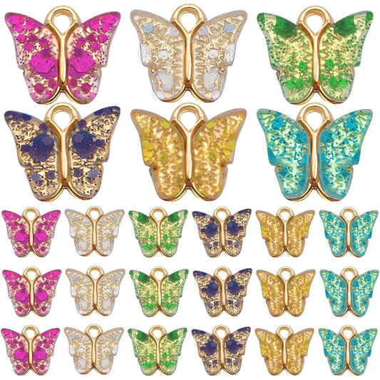 30 Pieces Colorful Acrylic Butterfly Charms Alloy Starry Sky Sequin Butterfly Pendant Charms Accessories for DIY Necklace Bracelet Earring Jewelry Making Decoration
