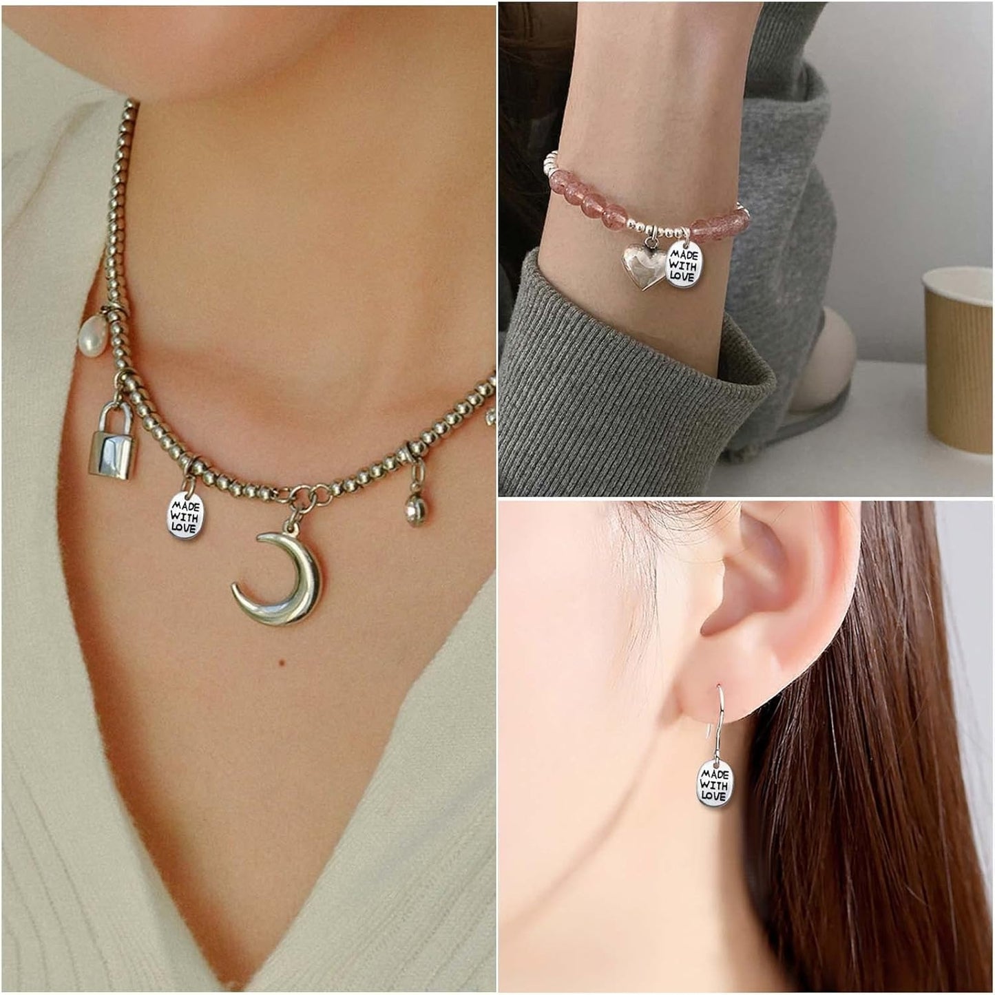 200pcs Antique Silver Oval Word Pendant Charms Tibetan Style Alloy Message Made with Love Valentine's Day Theme Charms for DIY Bracelet Necklace Jewelry Making Supplies