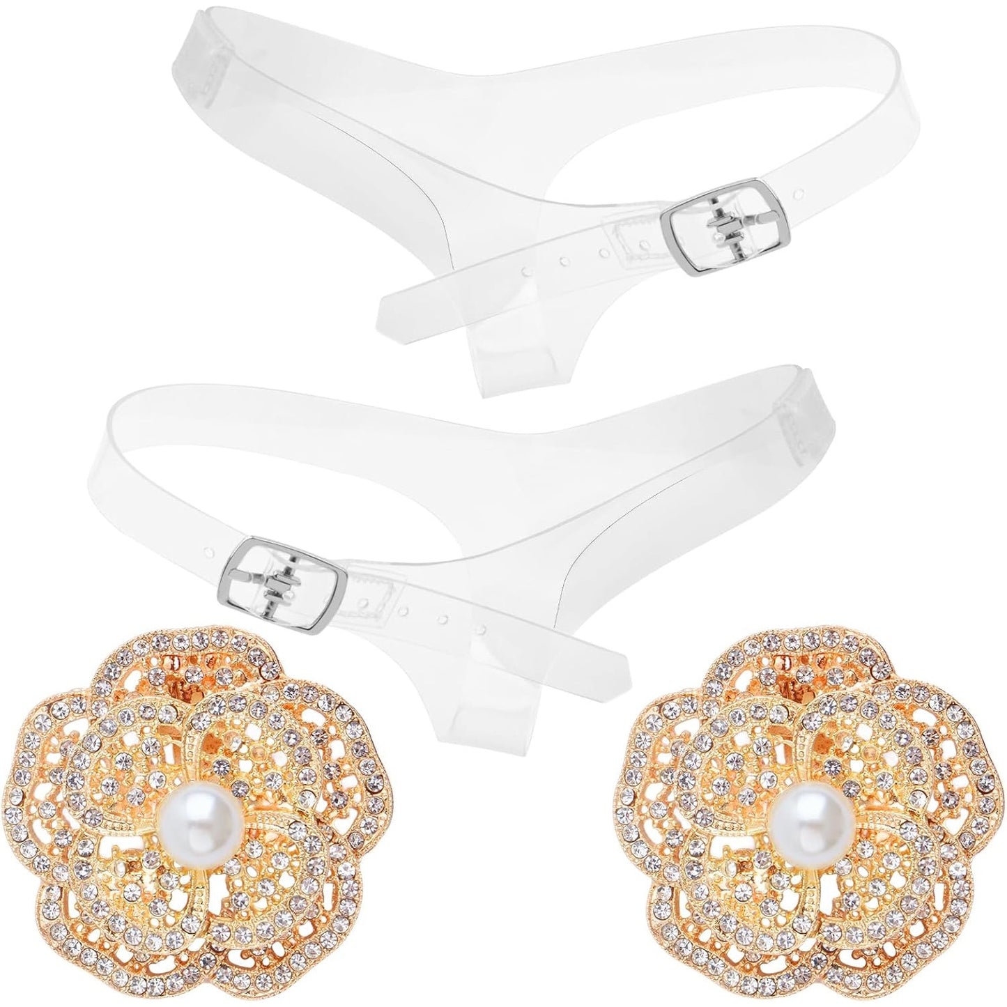 1 Pair Invisible High Heel Shoe Straps Transparent Triangle Shoe Belt Ankle Straps and 1 Pair Double-layer Pearl Flower Shoe Buckles for Women Lady Holding Loose High Heels