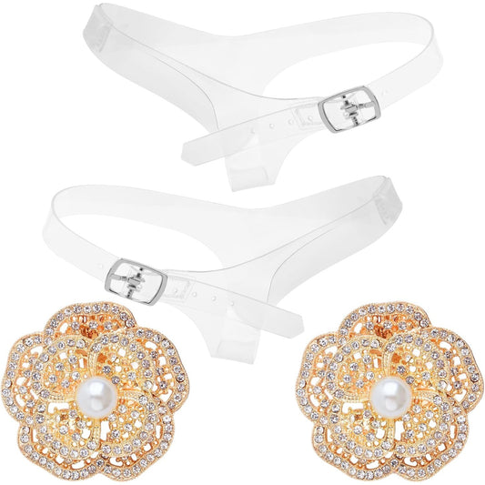 1 Pair Invisible High Heel Shoe Straps Transparent Triangle Shoe Belt Ankle Straps and 1 Pair Double-layer Pearl Flower Shoe Buckles for Women Lady Holding Loose High Heels
