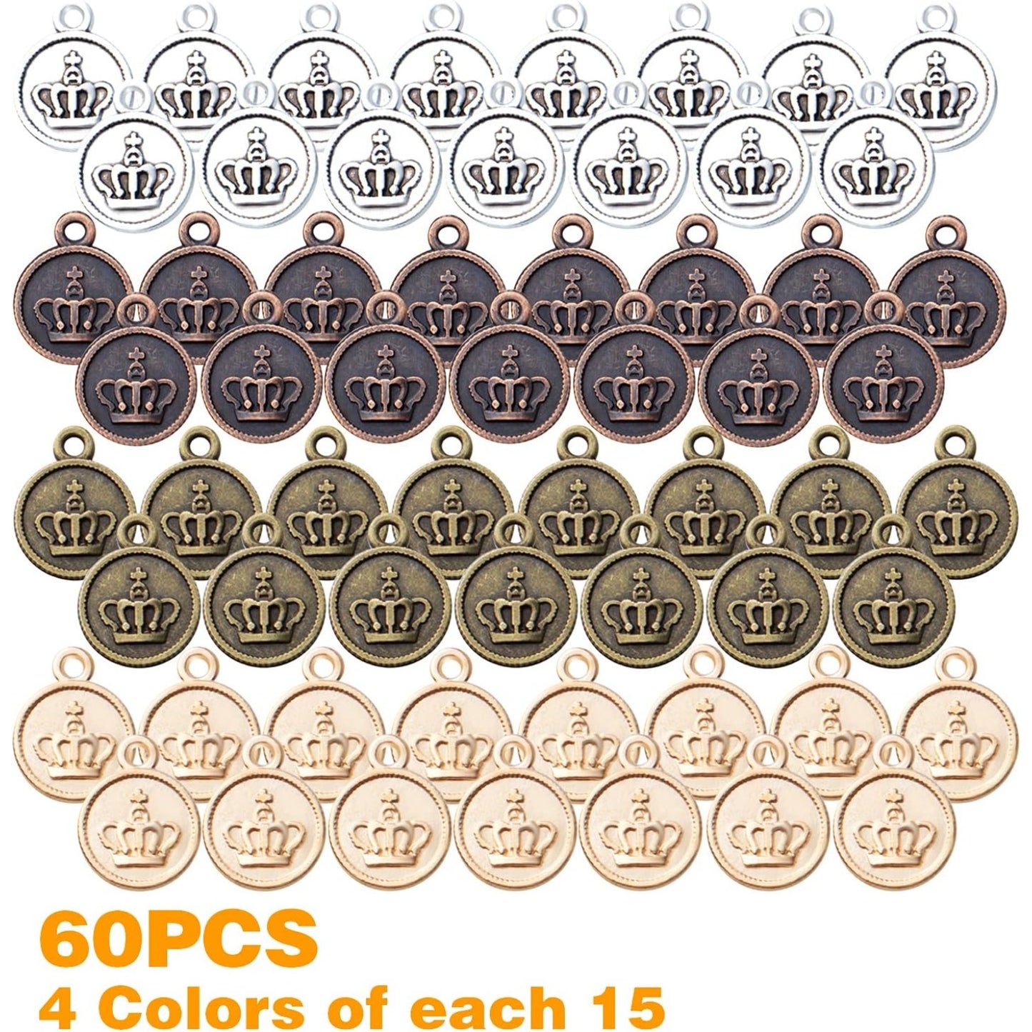 60pcs Crown Pendant Charm Alloy Round Crown Charms Beads King Charms Craft Supplies for DIY Necklace Bracelets Jewelry Pendant Making,4 Colors