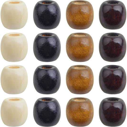200pcs 4 Colors Large Hole Barrel Wood Beads Natural Wooden Dreadlock Hair Braid Beads European Loose Beads for DIY Macrame Garland Jewelry Craft Making Handmade Decor