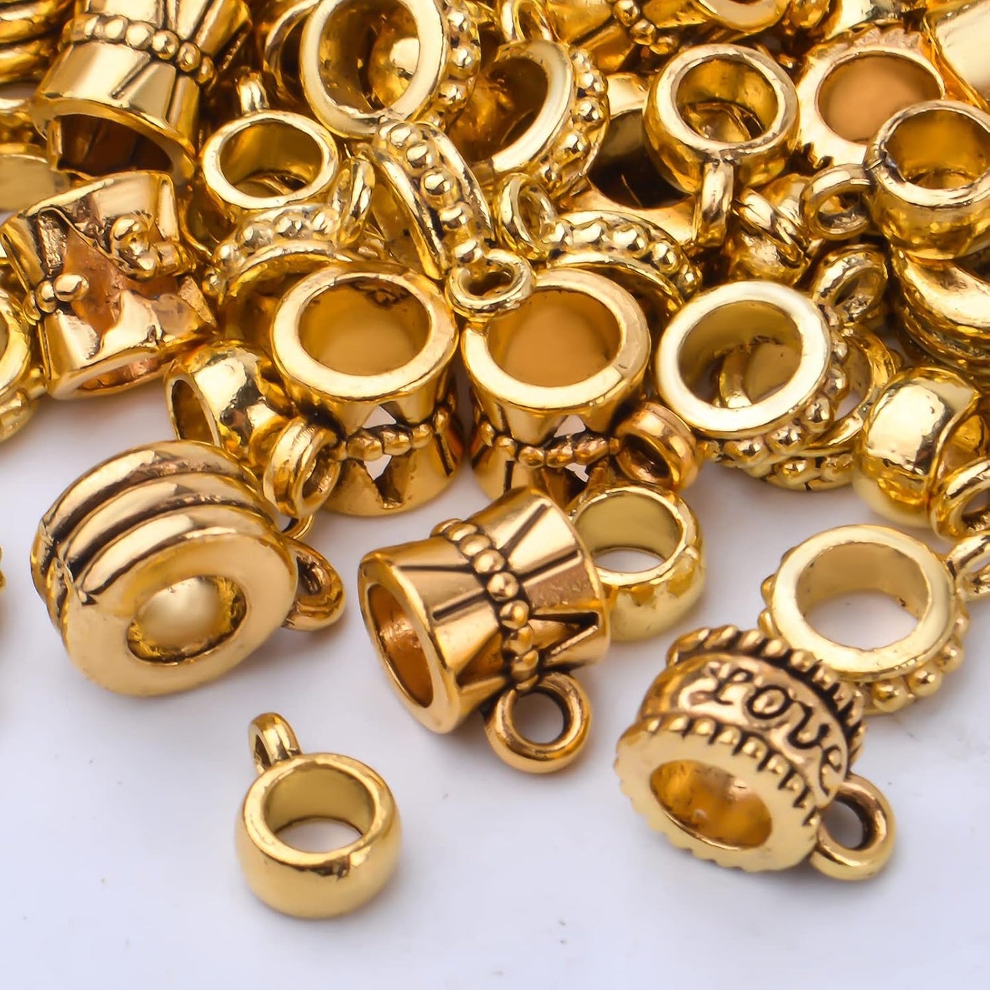 100g Antique Gold Bail Tube Beads Bail Beads Spacer Beads Tibetan Bead Hanger Charms Connector Links for DIY European Charm Bracelet Jewelry Crafts Making, 5 Styles
