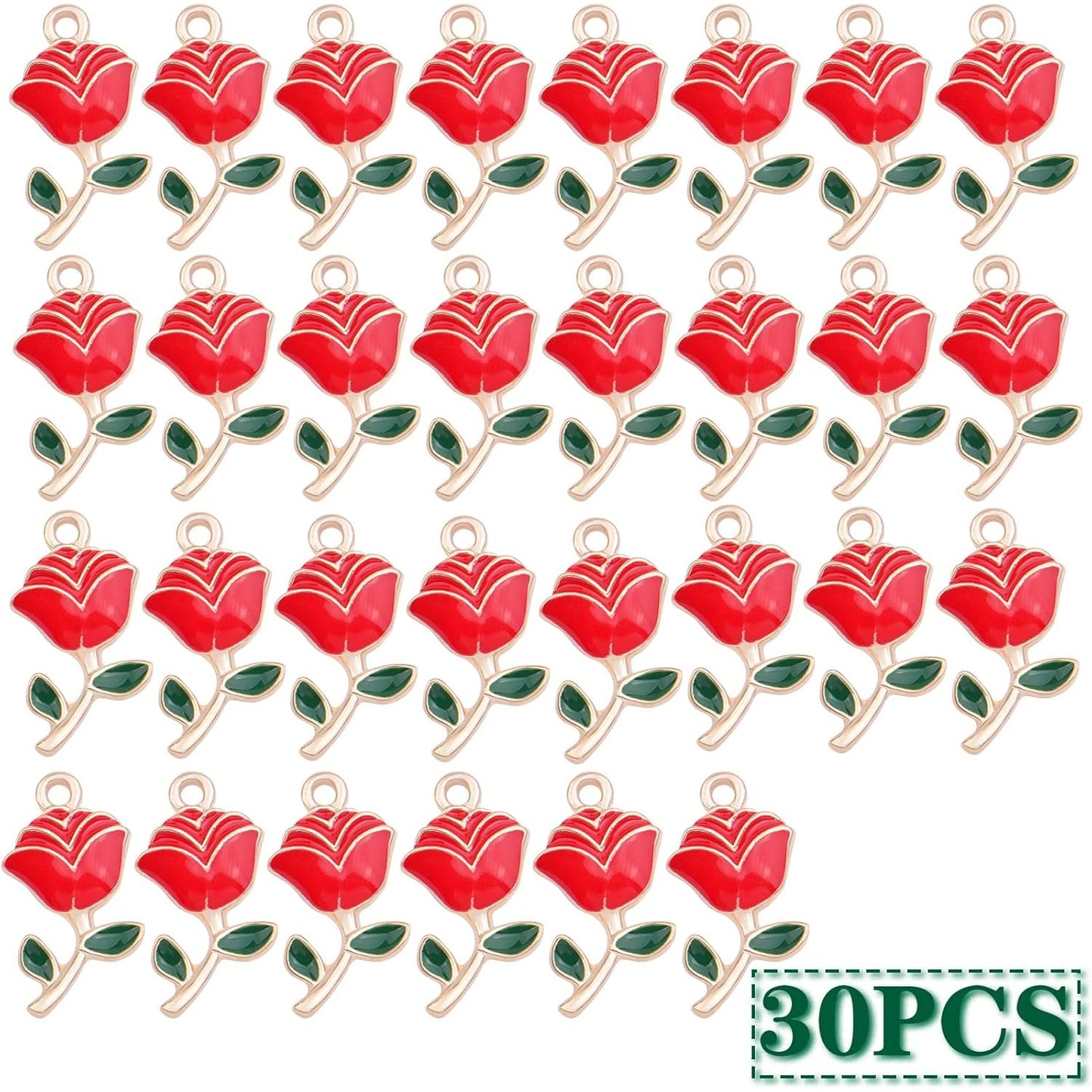 30pcs Enamel Rose Flower Charm Pendants Lovely Dangle Charms for Valentine's Day DIY Bracelet Necklace Earrings Jewelry Making, Red