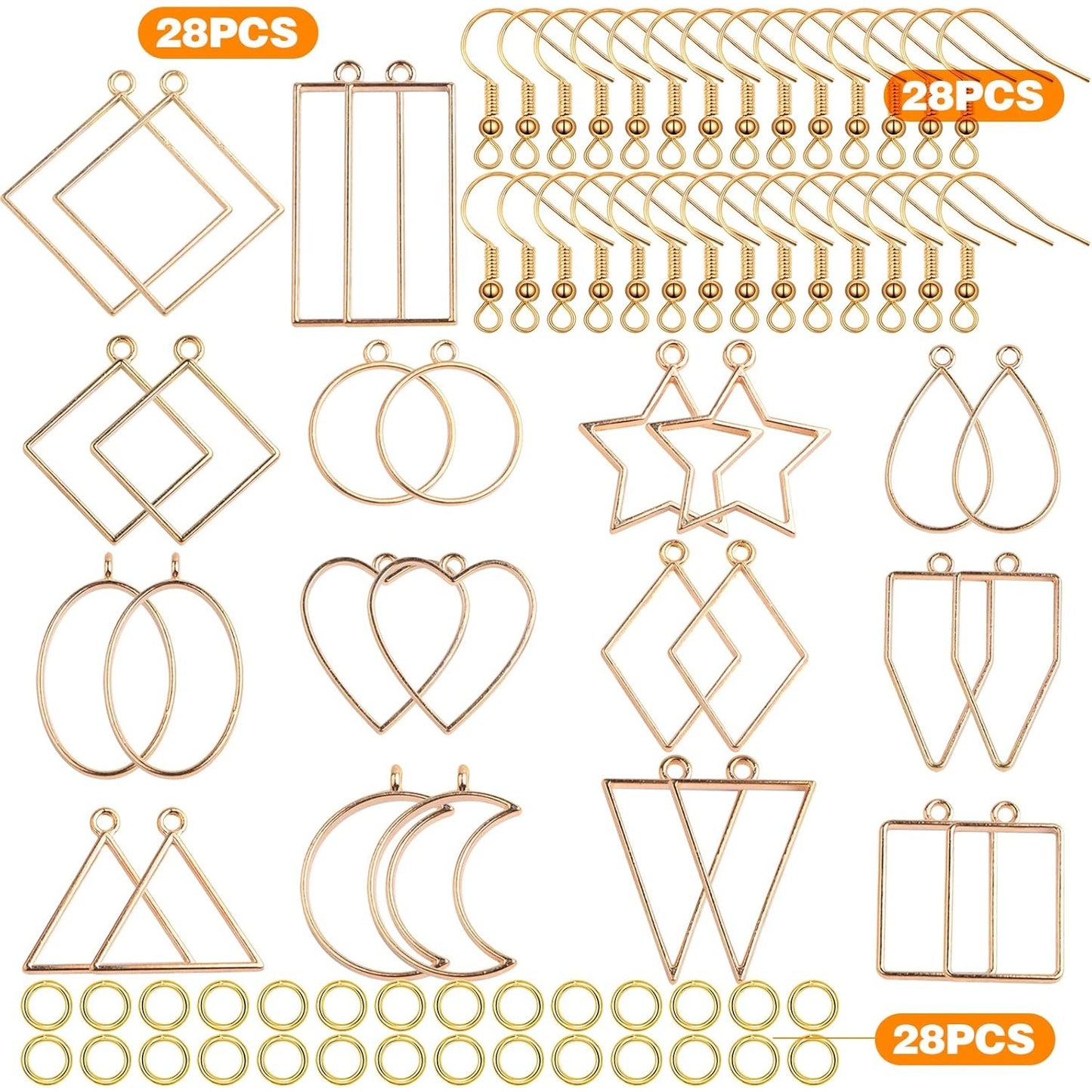 28pcs 14 Styles Hollow Frame Pendants Resin Craft Open Bezels Pendants Molds and 28pcs Earring Hooks with 28pcs Open Jump Rings for Resin Casting Earrings Jewelry Making Supplies