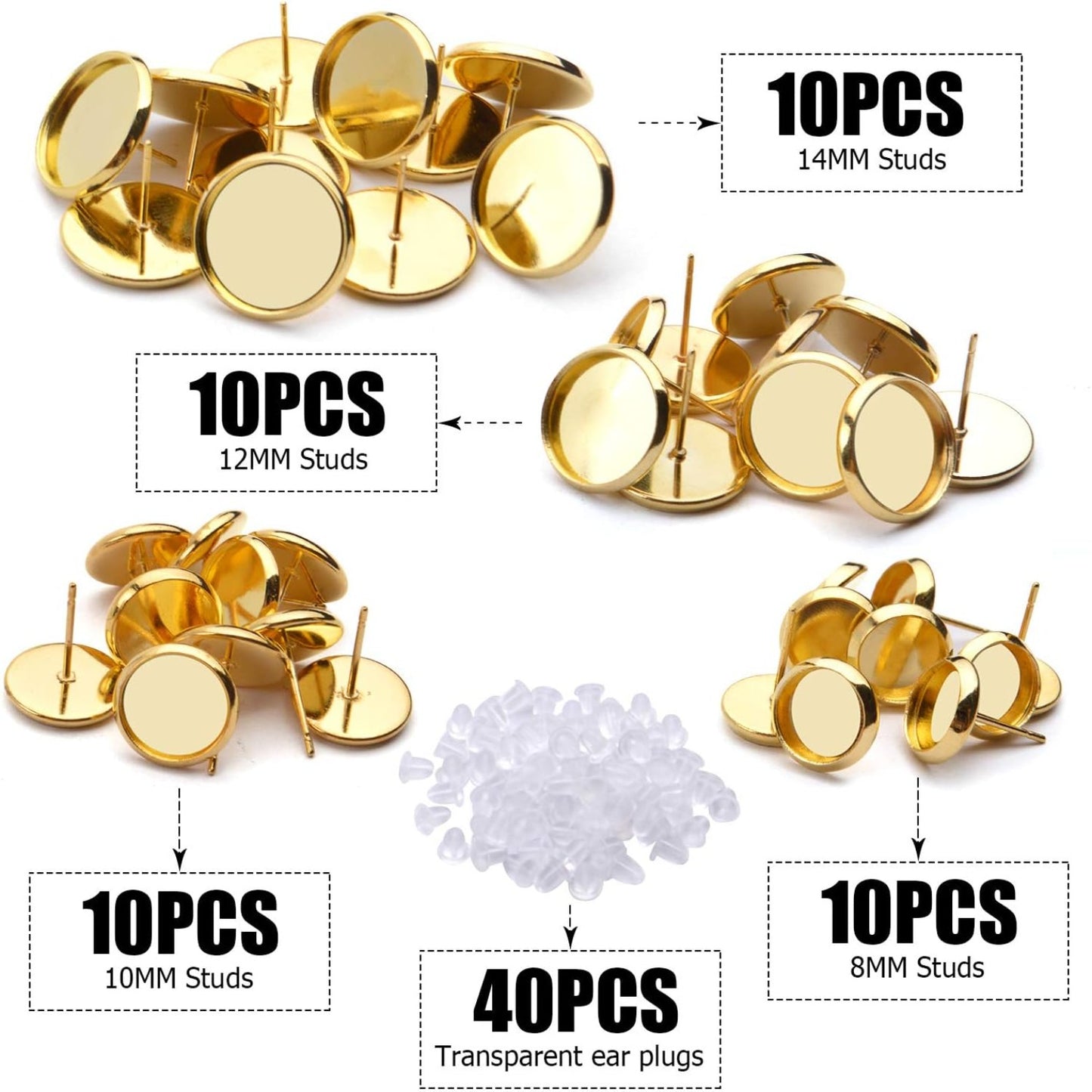40pcs 4 Size(8mm/10mm/12mm/14mm) Earring Cabochon Setting Post Tray Round Stainless Steel Stud Earring and 40pcs Bullet Earring Backs for DIY Jewelry Making,Gold
