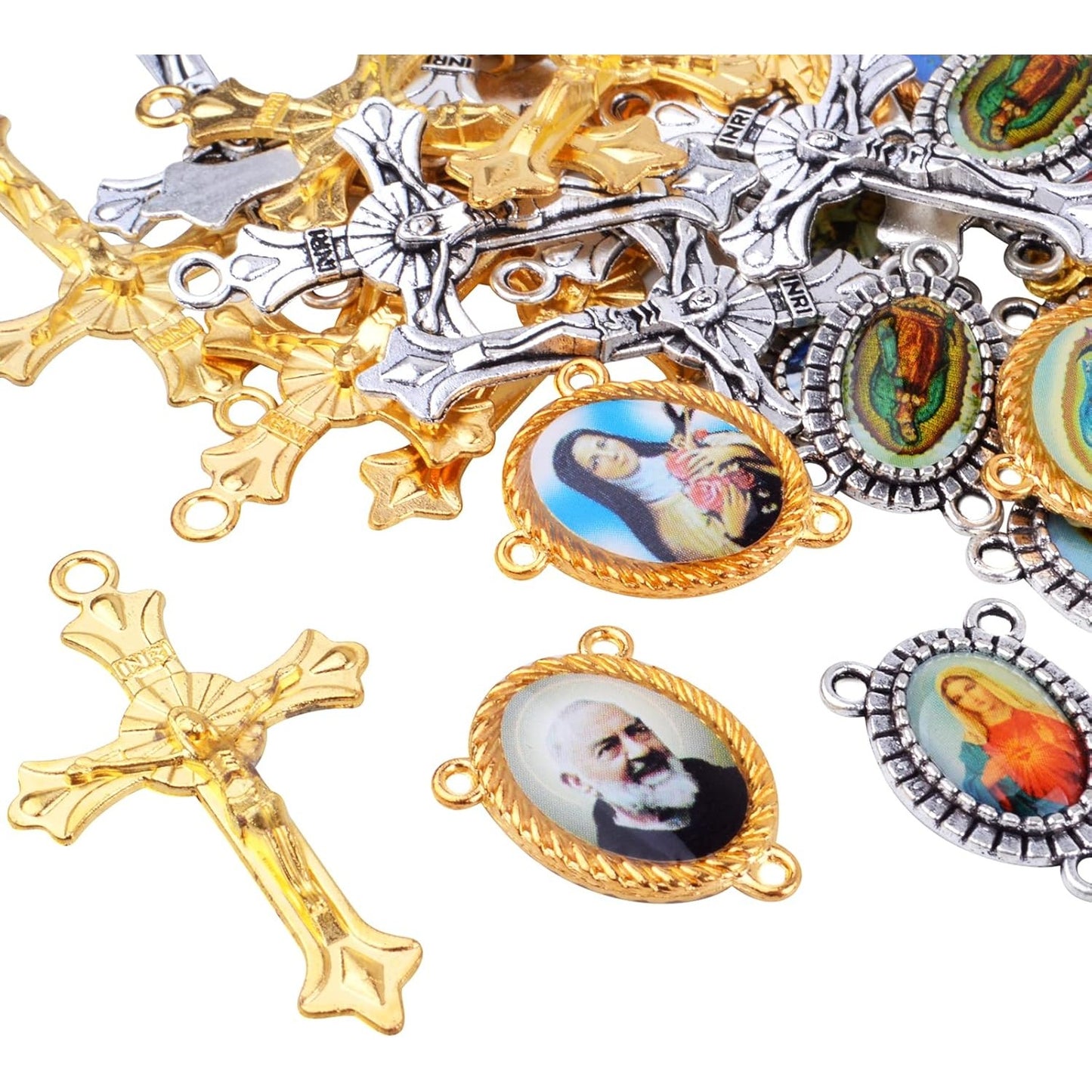 20pcs Rosary Cross Center Charms Pendants and 20pcs Mixed Picture Miraculous Jesus Maria Our Lady Crucifix Catholic Virgin Oval Chandelier Links for DIY Rosary Necklace Bracelet Jewelry Making