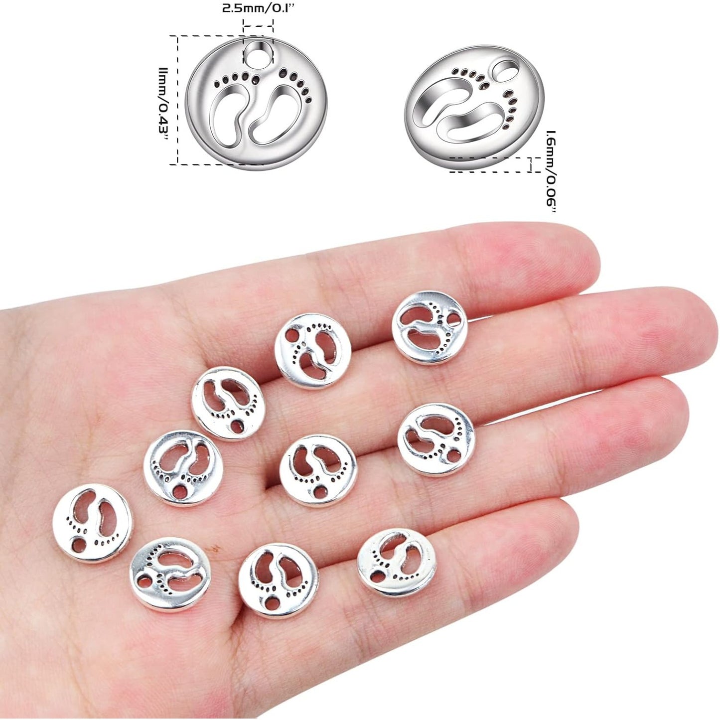 100 Pieces Antique Silver Small Foot Footprint Beads Charms Tibetan Alloy Feet Shape Print Dangle Pendants for DIY Bracelet Necklace Jewelry Making Findings
