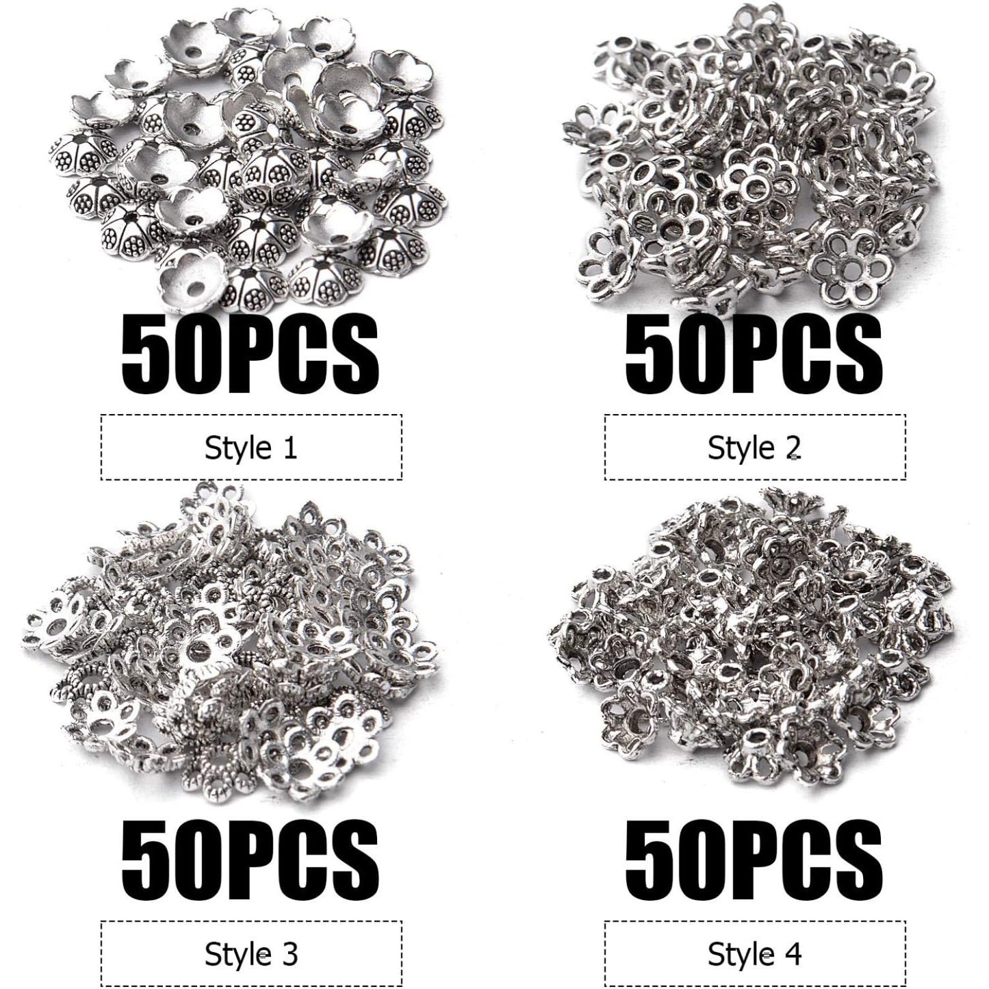 200pcs Antique Silver Flower Bead Caps Alloy Tibetan Style Bead End Caps Spacer Cap Beads Jewelry Caps for Bracelet Necklace Earrings Jewelry Making Supplies, 4 Styles