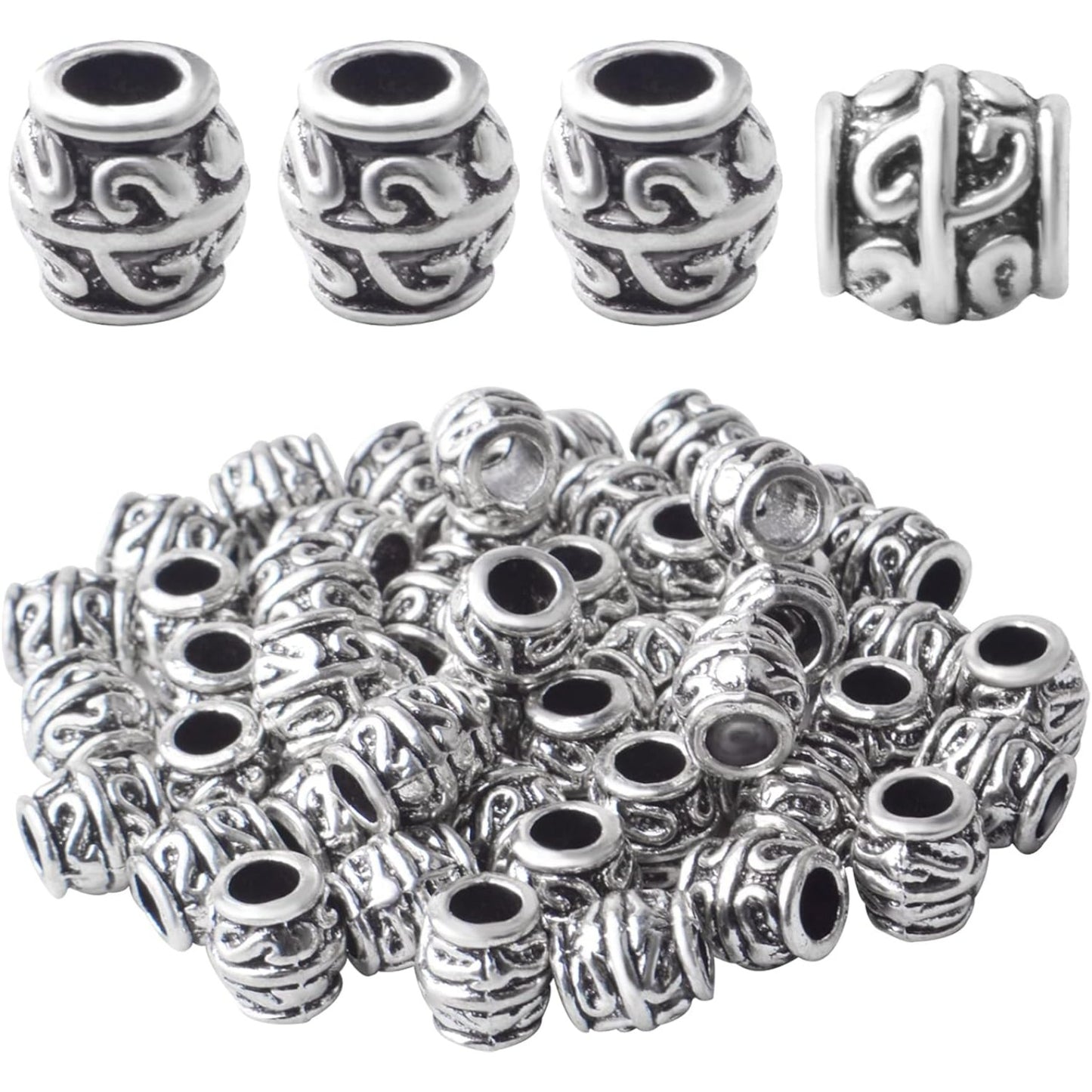 50pcs Antique Silver Large Hole Spacer Beads, Barrel Shape, 7.3*7.5*4mm