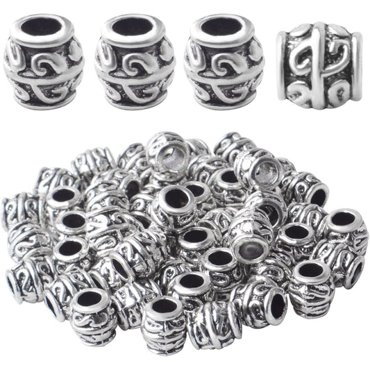 50pcs Antique Silver Large Hole Spacer Beads, Barrel Shape, 7.3*7.5*4mm