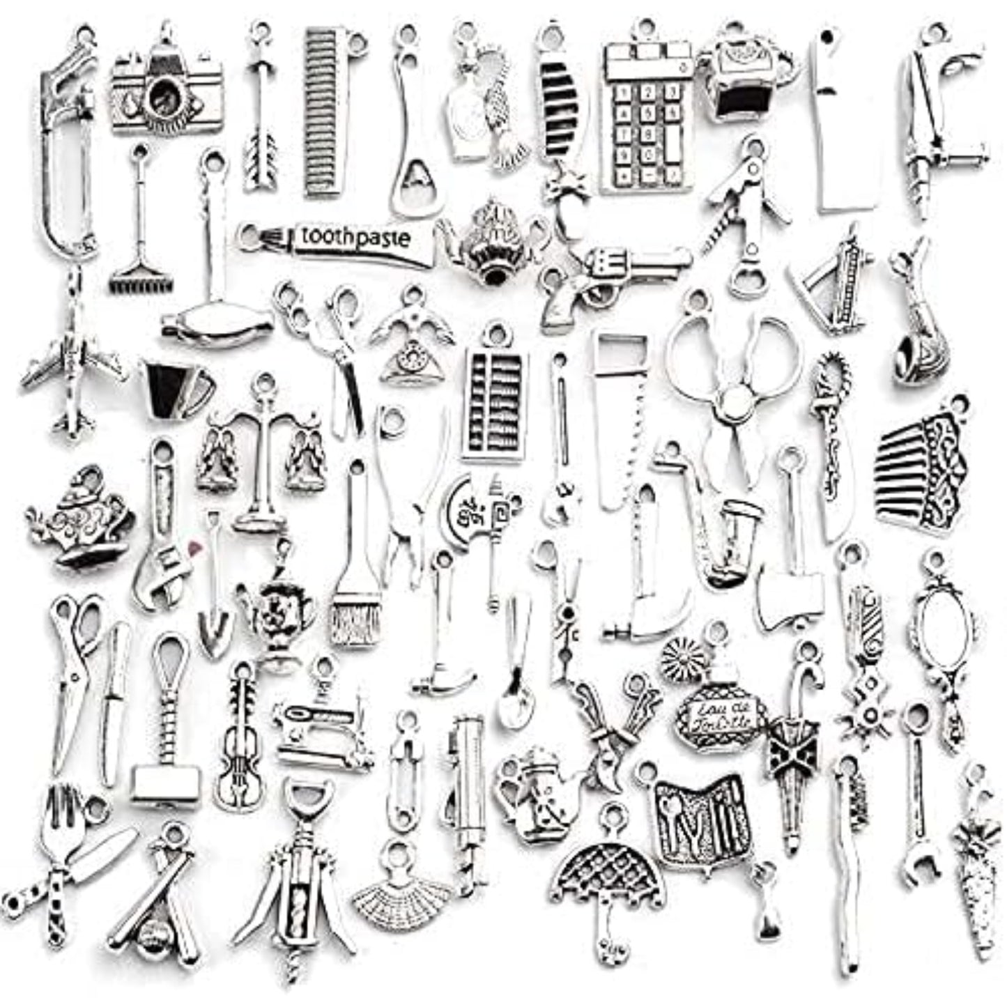 60pcs Silver Home Tools Charms Mixed Styles Vintage Pendants Jewelry Charm Connector Craft Supplies for DIY Necklace Bracelet Making and Crafting