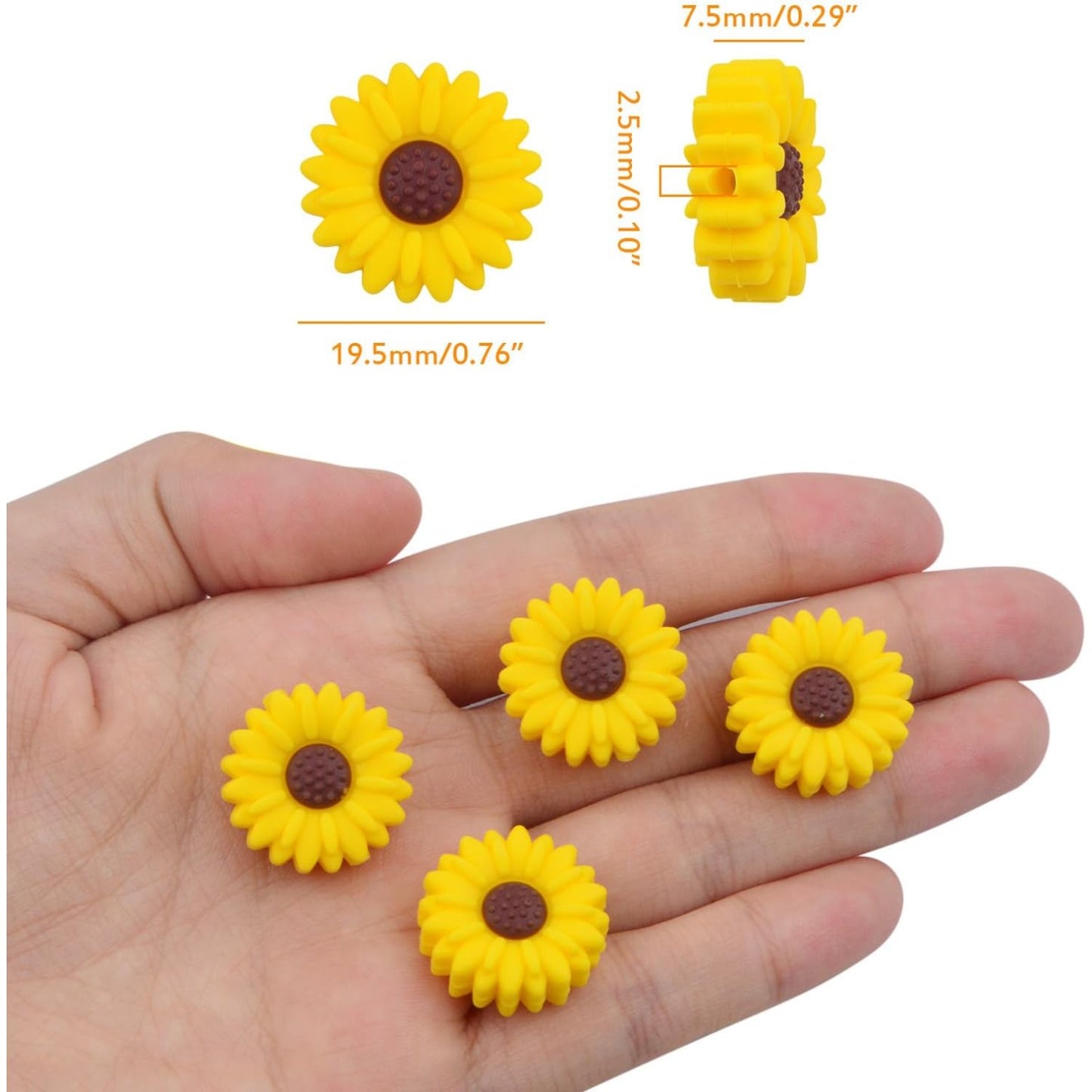 15pcs 19.5 mm Daisy Flower Silicone Beads Soft Silicone Sunflower Shape Loose Spacer Beads for DIY Garland Keychains Lanyard Jewelry Making Craft Decor, Yellow Brown