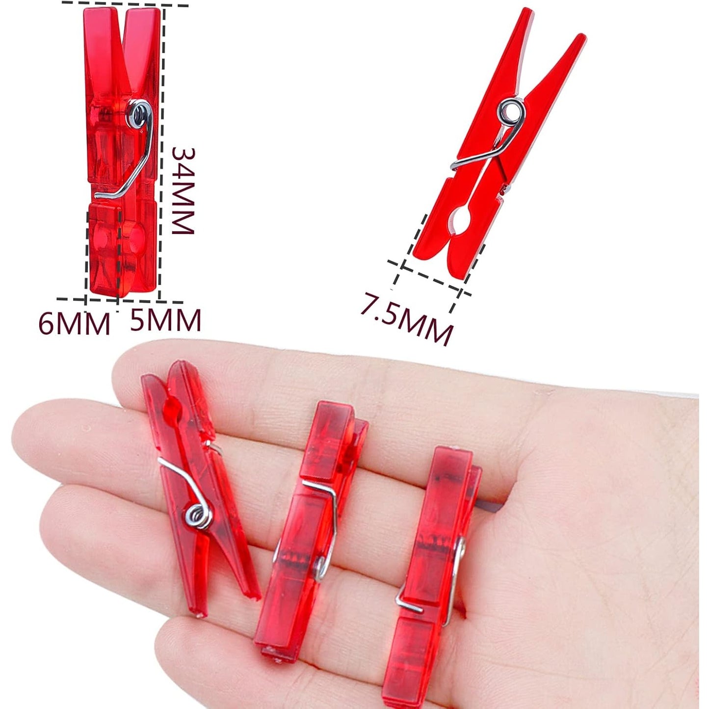 100 Pieces Clear Plastic Clothespins Mini Transparent Craft Clips Pictures Paper Peg Pins for Hanging Photos String Fairy Lights Wedding Party Decor, Red