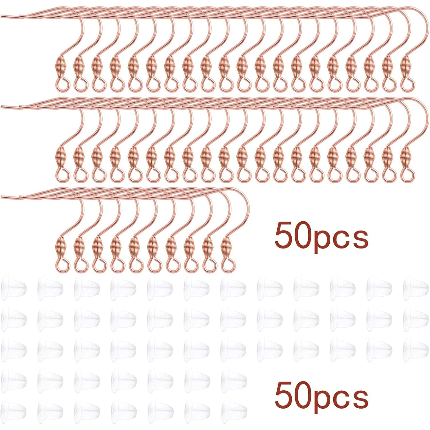 50pcs Stainless Steel Large Earring Hooks Hypoallergenic French Ear Wires Fish Hooks and 50pcs Clear Earring Safety Backs for DIY Dangle Earring Making Supplies, Rose Golden