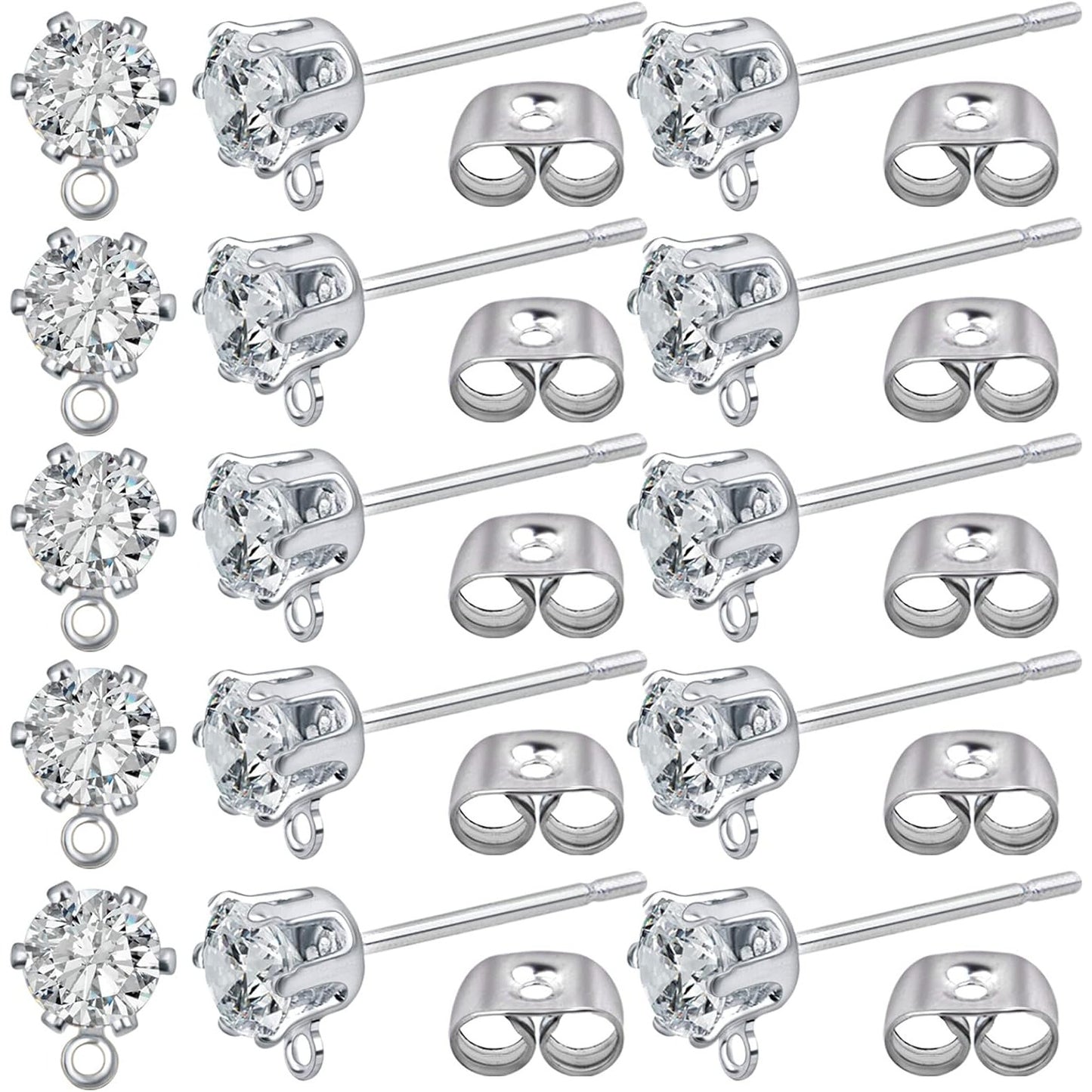 40pcs Cubic Zirconia Earring Posts with Loop Rhinestone Earring Studs and 40pcs Ear Backs Stoppers Accessories for DIY Jewelry Making Wedding Birthday Gifts