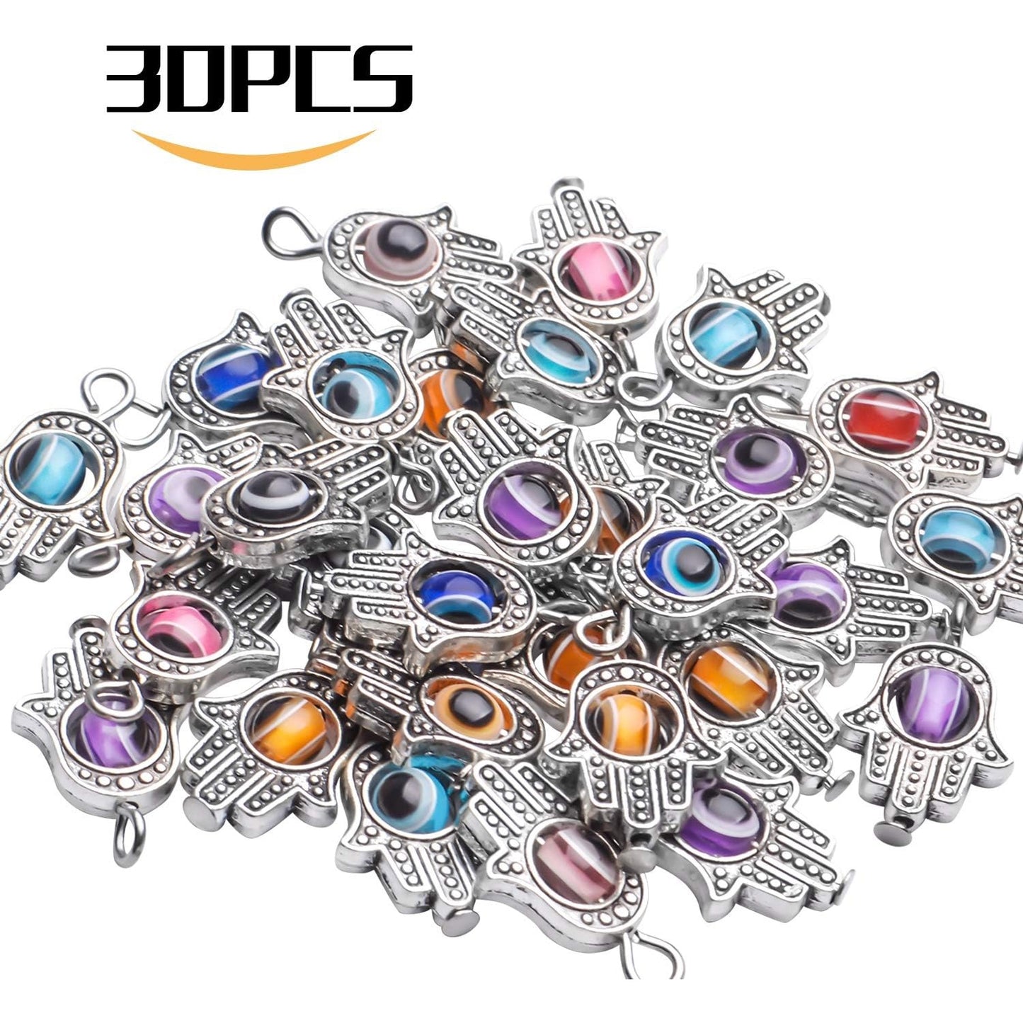 Fatima Hand Charms,30 Pcs Antique Silver Hamsa Hand Evil Eye Bead of Fatima Symbol Charms Hamsa Hand Beads Frame Charms for DIY Necklace Bracelet