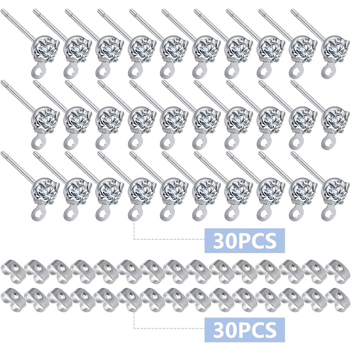 30pcs Stainless Steel Earring Posts Rhinestone Earring Studs Hypoallergenic Cubic Zirconia Ear Studs and 30pcs Butterfly Earring Backs for DIY Jewelry Making Birthday Party Favor Gifts
