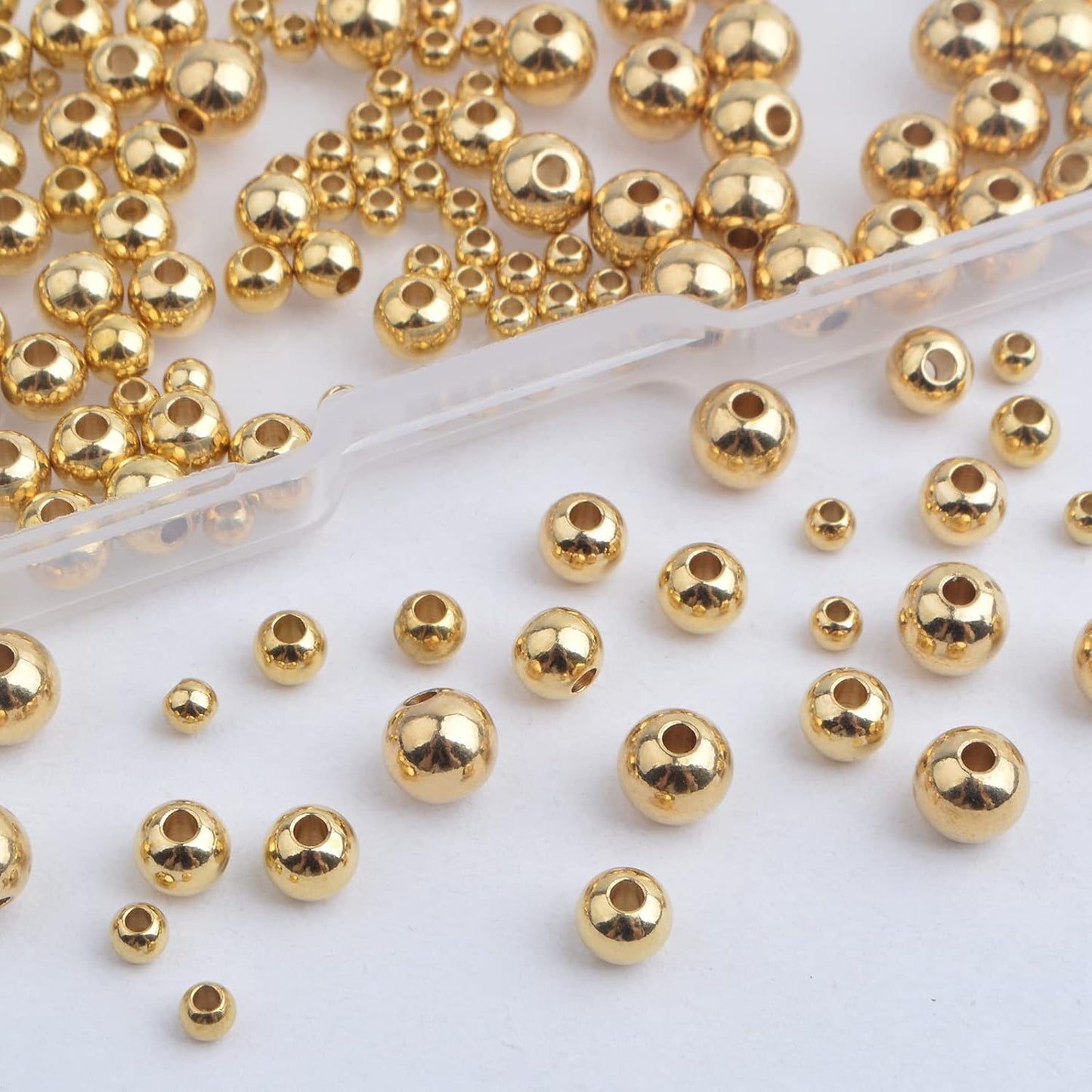 250pcs Golden Plated Smooth Round Ball Spacer Beads Brass Rondelle Loose Beads with A Plastic Box for DIY Bracelet Necklace Earrings Jewelry Making, 5 Sizes