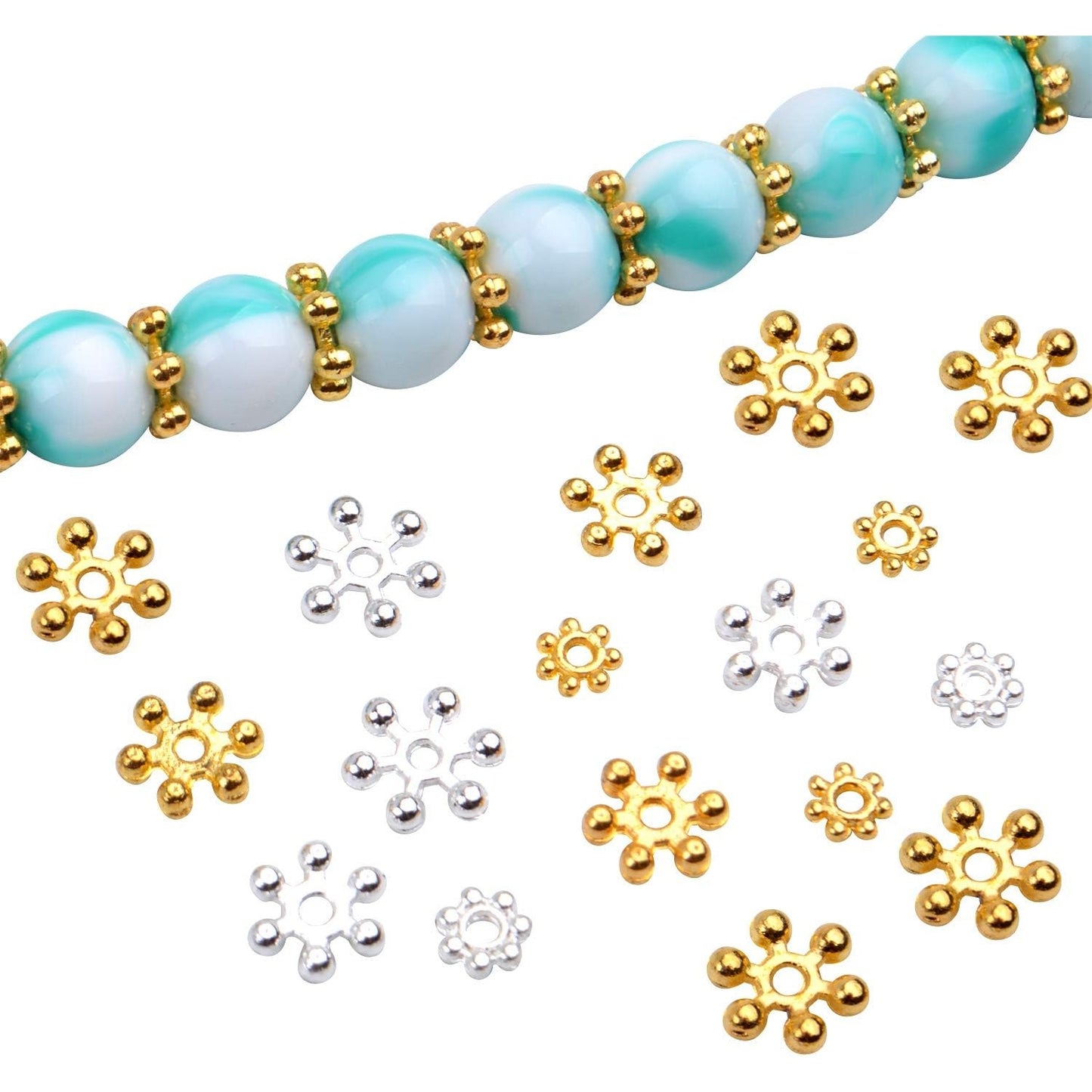 Jewelry Bead Charm Spacers, 600pcs 4mm/6mm/8mm Alloy Flower Jewelry Spacer Beads Metal Beads for DIY Bracelets Necklaces Jewelry Making, Silver and Gold