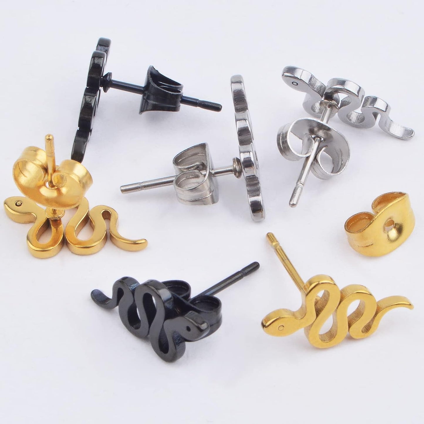 3 Pairs Stainless Steel Snake Shape Earring Studs Hypoallergenic Animal Snake Stud Dangle Earrings with Earring Backs for DIY Earrings Jewelry Making Supplies, 3 Colors