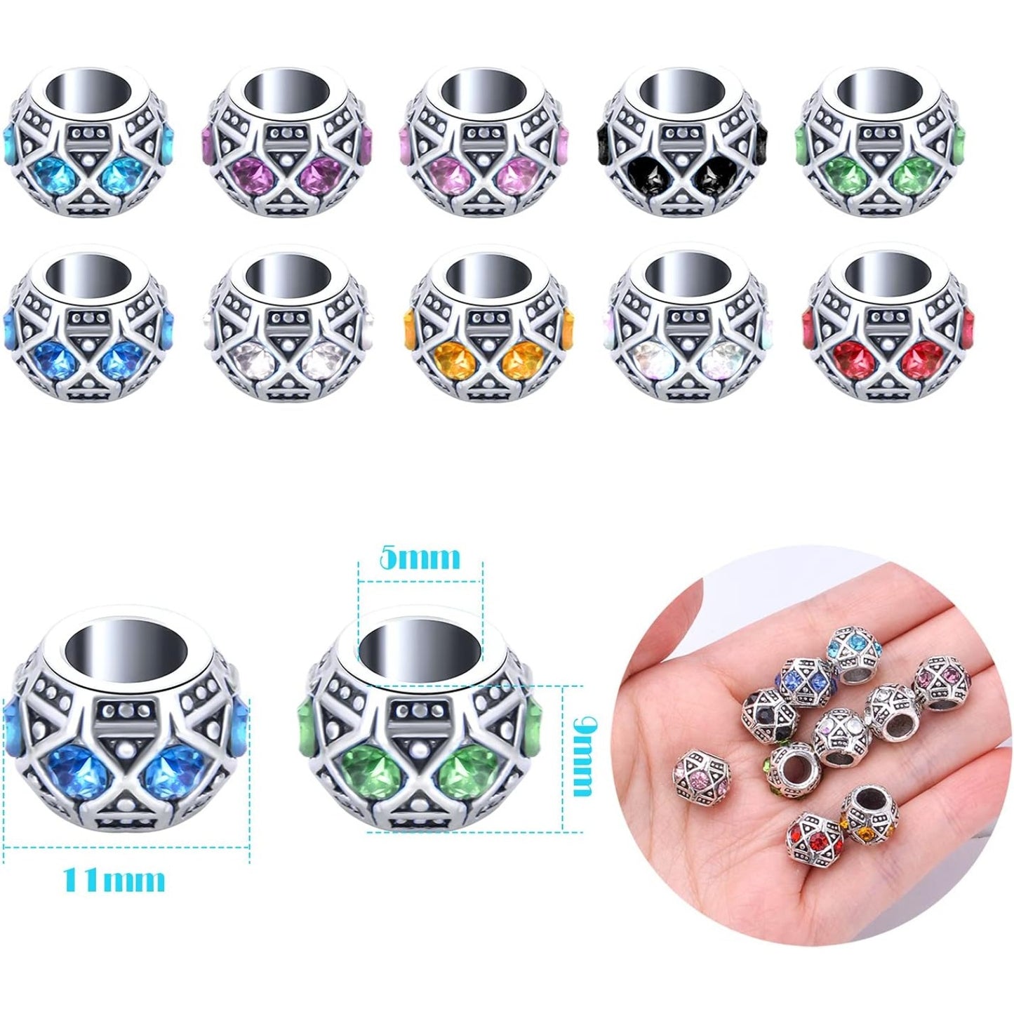 Rhinestone European Beads, 30pcs 10 Colors Large Hole Crystal Spacer Beads Loose Rondelle Charm Beads Crafts Supplies for DIY Snake Chain Bracelet Jewelry Making, 11 x 9 mm, Hole: 5 mm