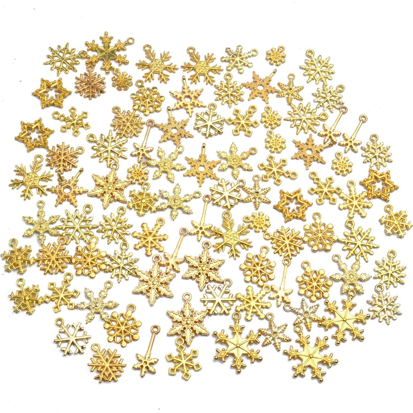 Christmas Snowflake Charms, 100g (about 80pcs - 90pcs) Mixed Alloy Snowflake Pendant Craft Supplies Jewelry Findings for DIY Necklace Bracelet Jewelry Making, Gold