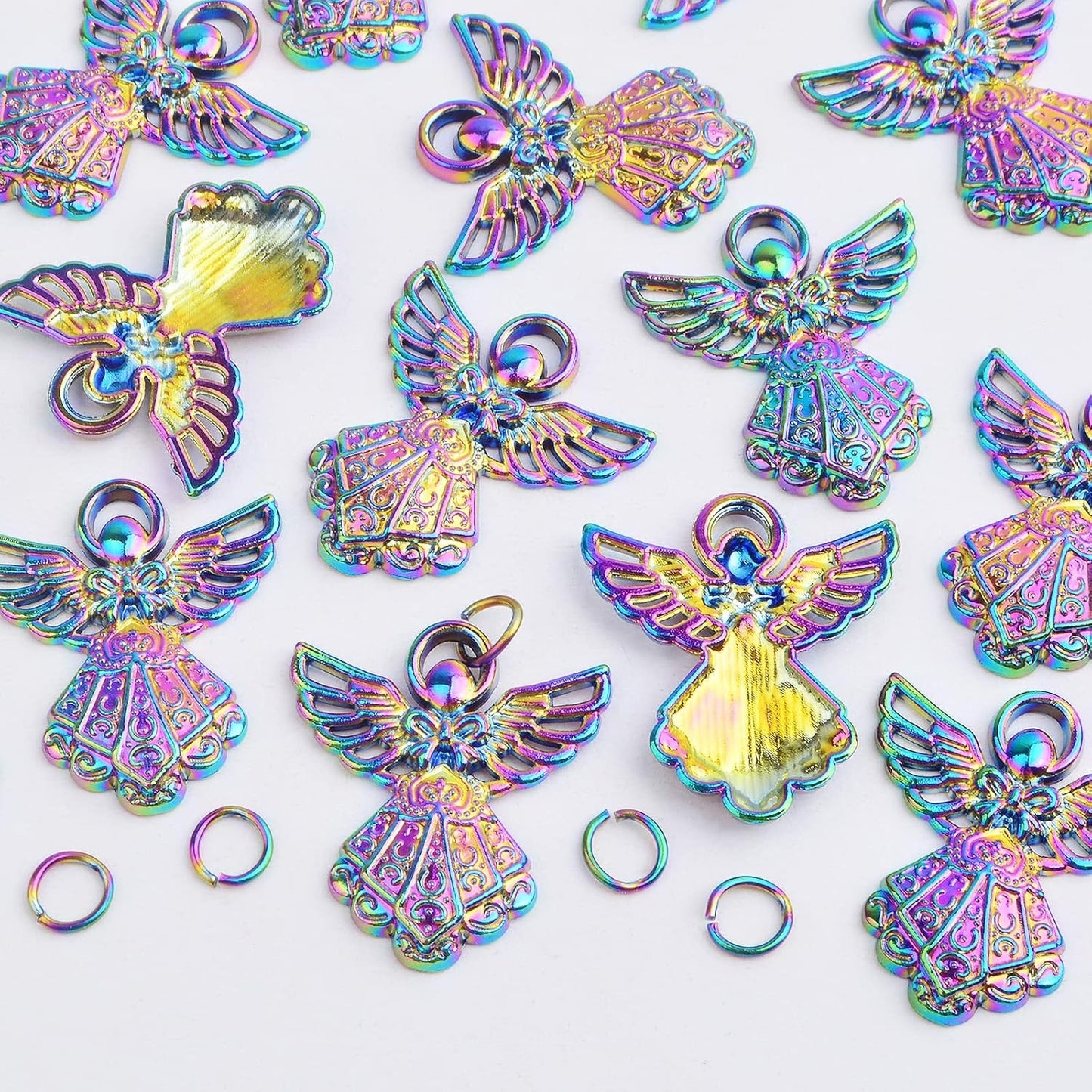 20pcs Alloy Angel Wing Pendant Charms Guardian Angel Pendant Ornaments and 20pcs Open Jump Rings for DIY Bracelet Necklace Keychains Jewelry Making, Rainbow Color