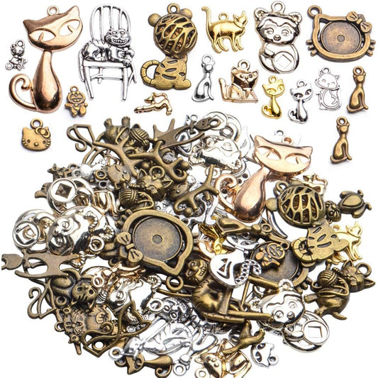 Cat Charm Pendant,100 Gram Craft Supplies Tibetan Animals Pet Pendants Mixed Alloy Cats Charms Jewelry Making Findings for Necklace Bracelet Earrings