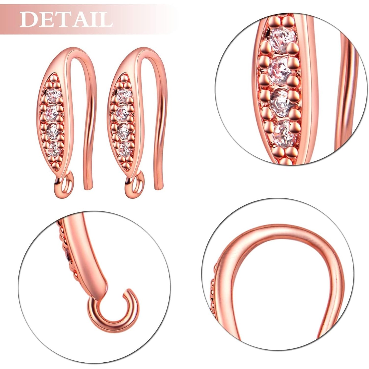 10pcs Brass Cubic Zirconia Earring Hooks Hypoallergenic Rhinestone Ear Wire Hooks with Dangle Loop Connectors for DIY Earrings Jewelry Making Findings, Rose Golden