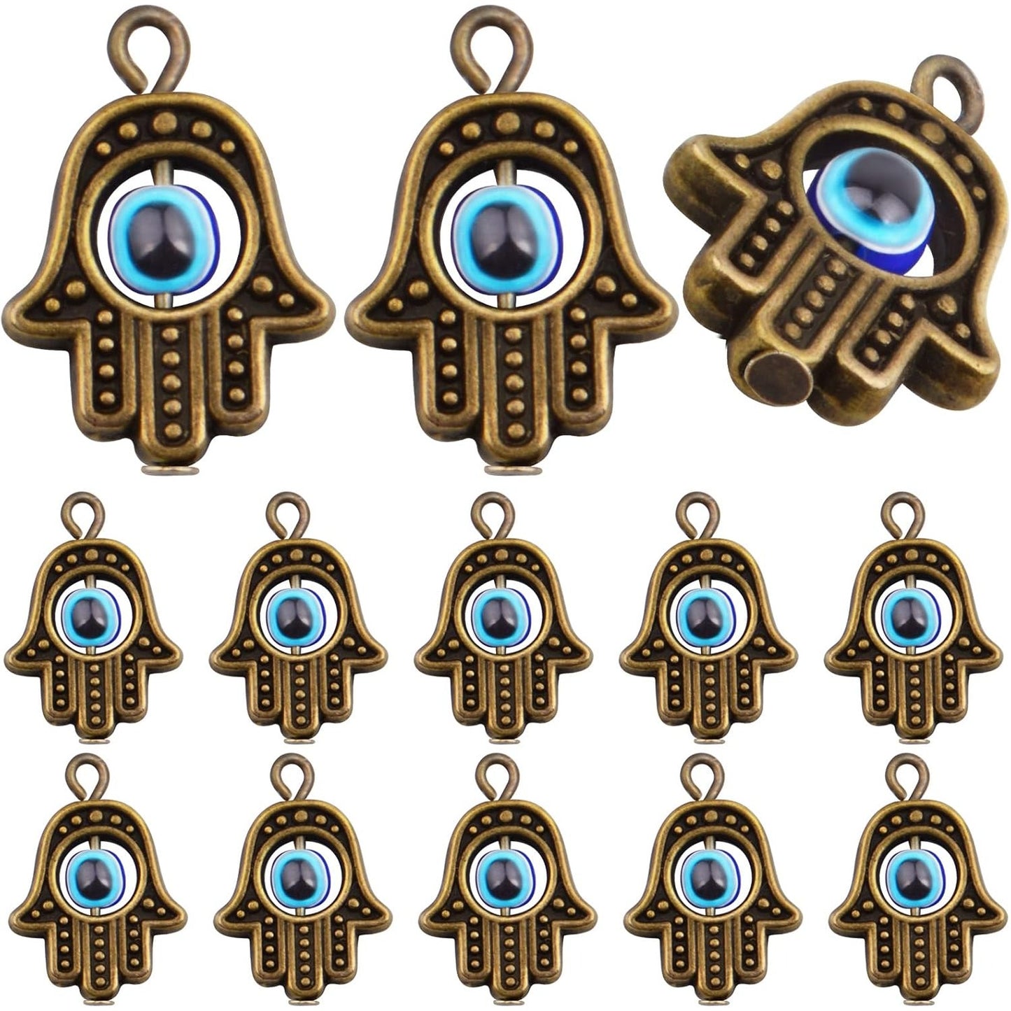 Hamsa Hand Beads Frame Charms,30 Pieces of Hamsa Evil Eye Pendant Hand of Fatima Symbol Charms Jewelry Making Findings for DIY Necklace Bracelet(Gold & Silver & Bronze)