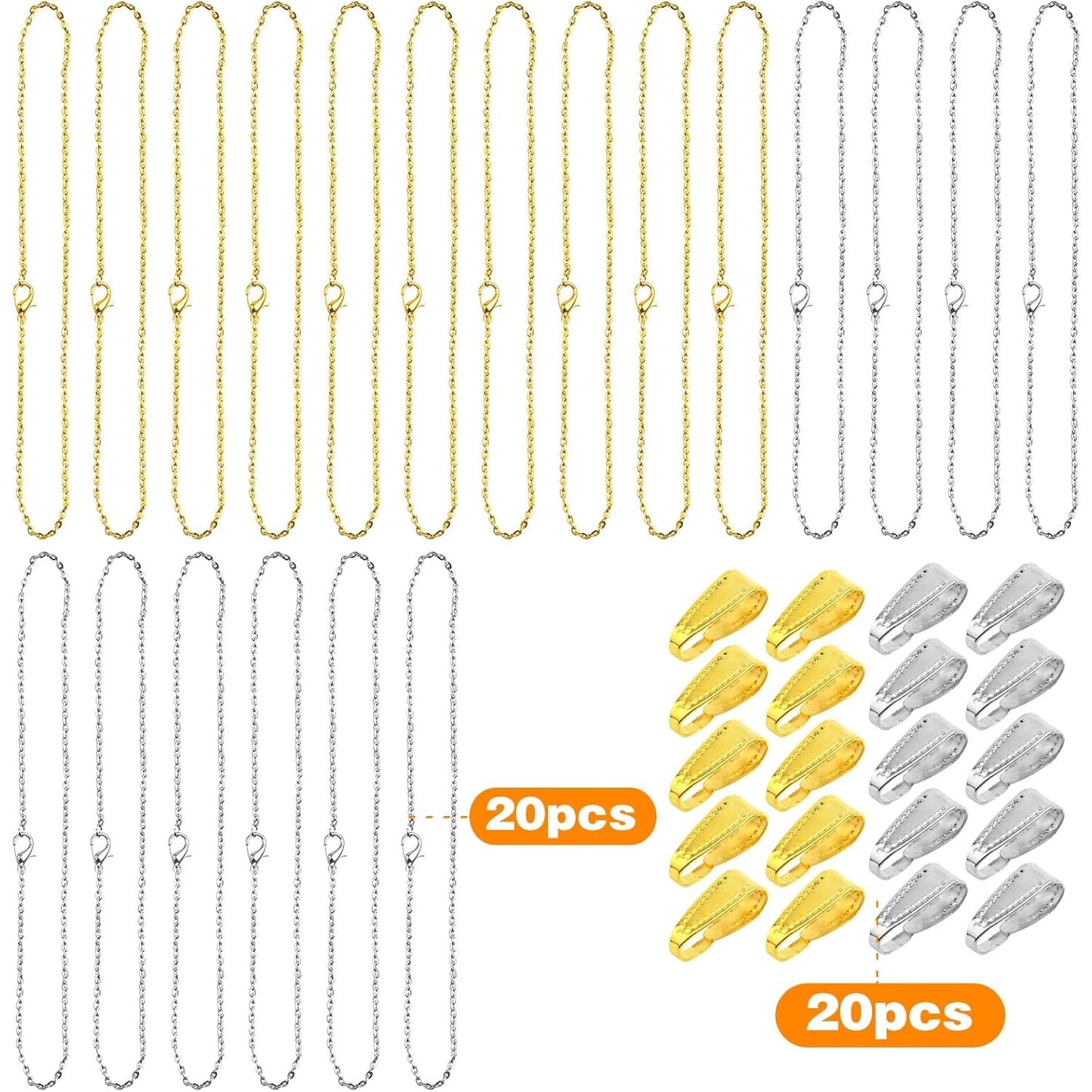 20pcs 50 cm Metal Necklace Extender Chains Links with Lobster Claw Clasps and 20pcs Pinch Clip Clasps Pendant Clasps Connectors for DIY Jewelry Making Supplies, 2 Colors