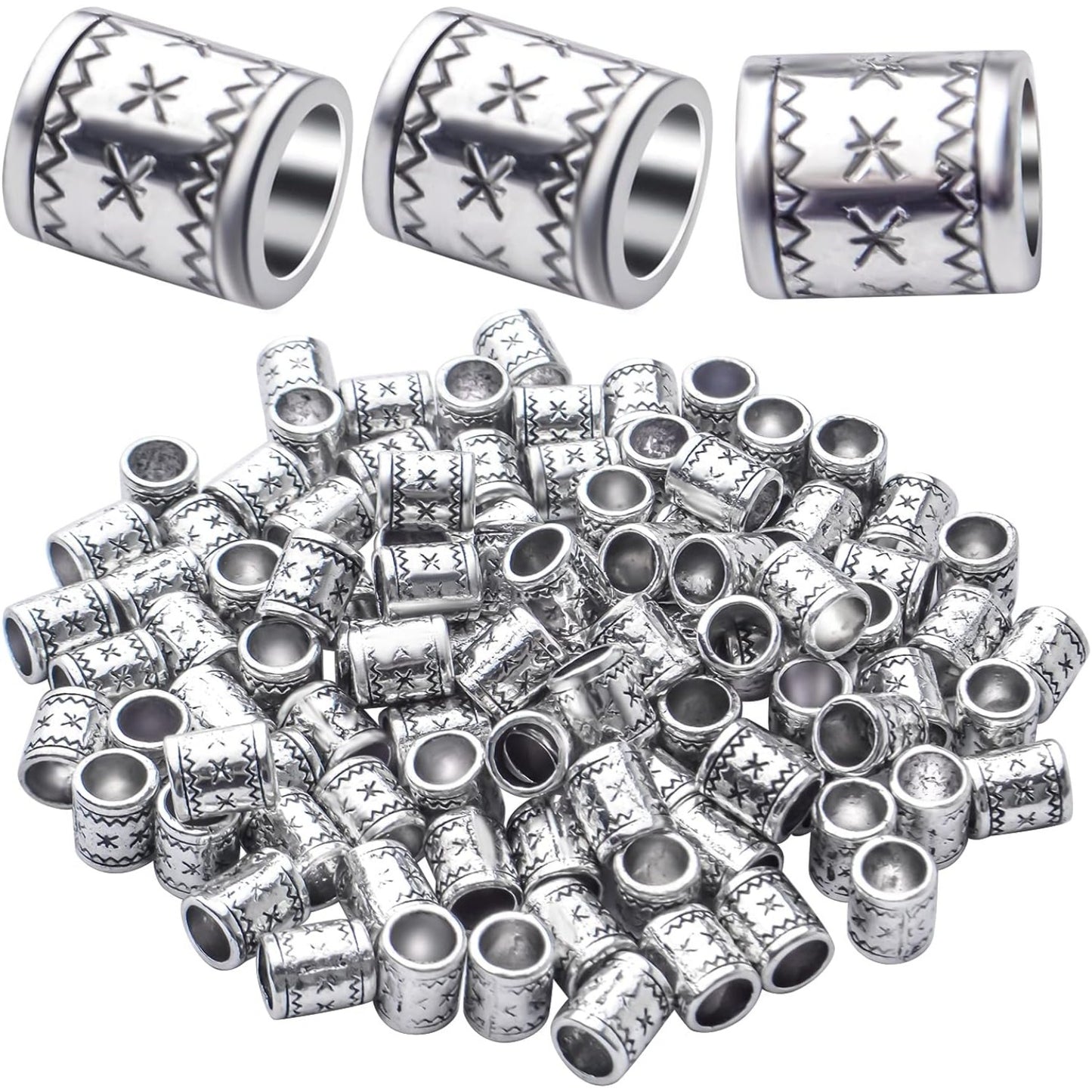 100pcs Antique Silver Alloy Cylindrical Spacer Beads, Loose Beads, Hole:4.7mm