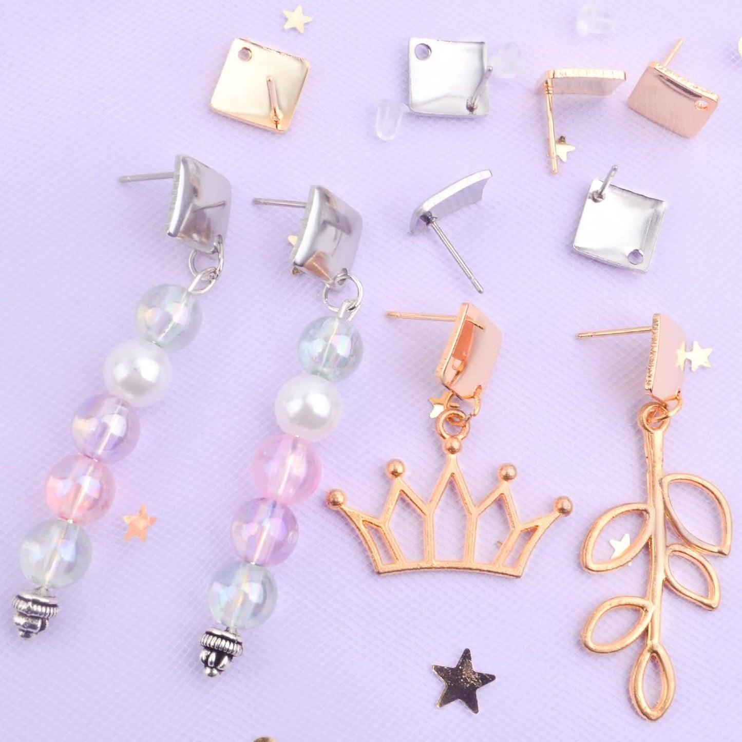 20pcs 2 Colors Rhombus Stud Earrings Stainless Steel Square Ear Studs Earring Post with Loop and 20pcs Silicone Earring Backs Replacements for Jewelry Making Supplies