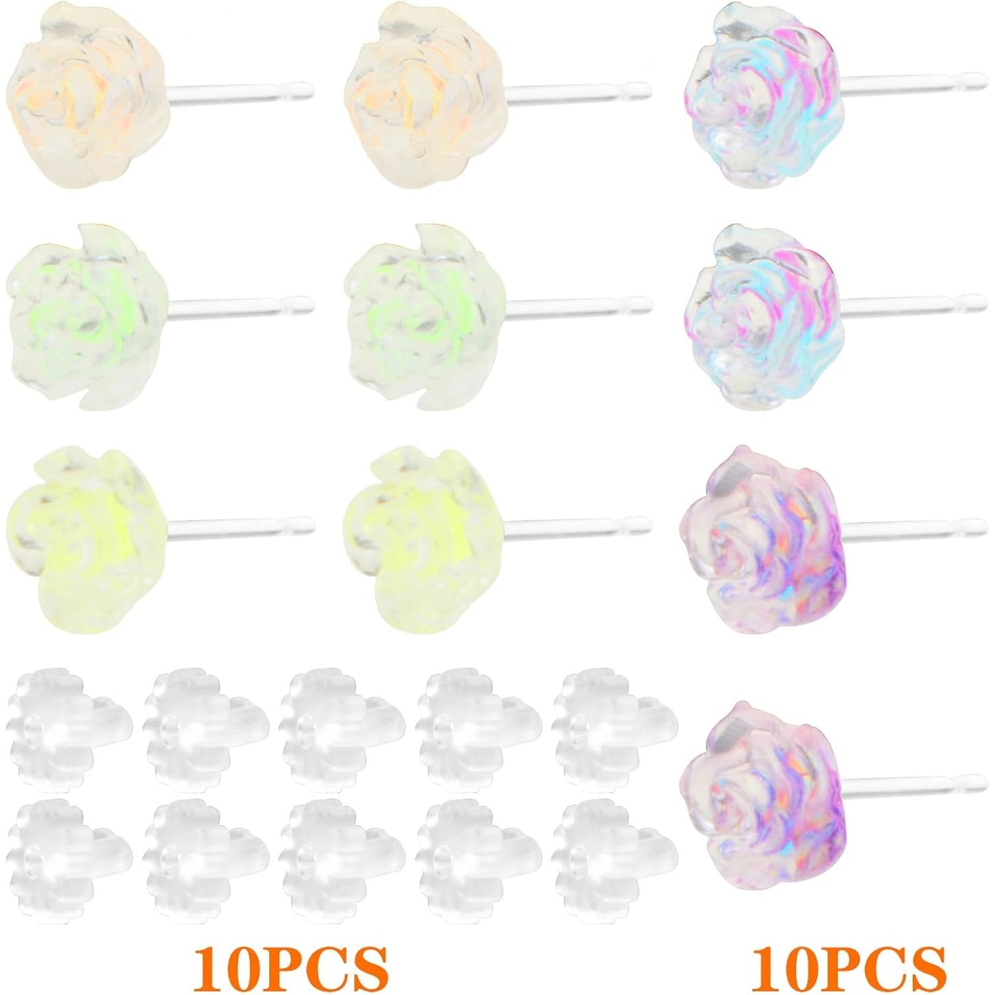 5 Pairs Plastic Camellia Stud Earrings Noble Flower Shaped Earring Pin Posts with Clear Earring Backs Kit for Sensitive Ears DIY Jewelry Making Supplies, 5 Colors